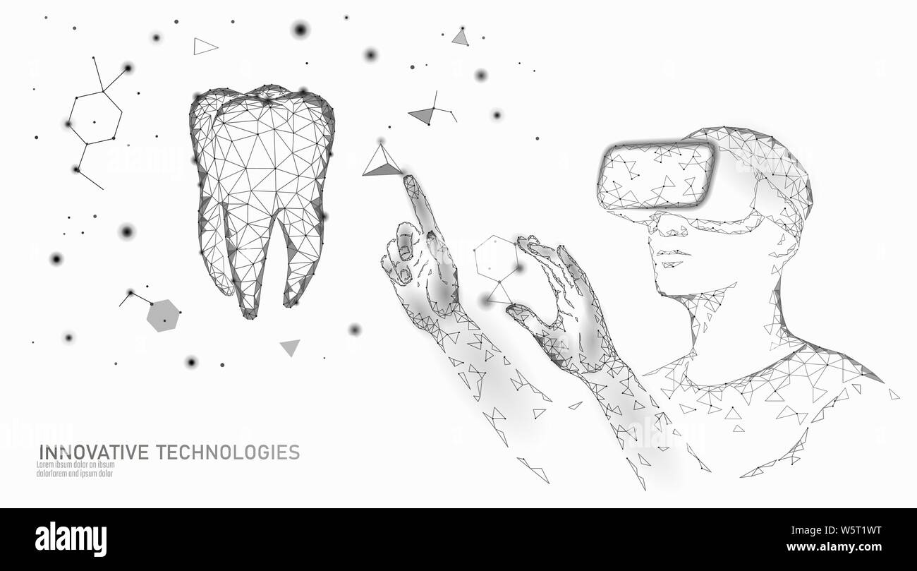 3d-Zahn Innovation virtuelle Realität polygonalen Konzept. Stomatologie symbol Low-poly-Dreieck. Abstrakte oral Dental Medical Care business. Verbunden dot Stock Vektor