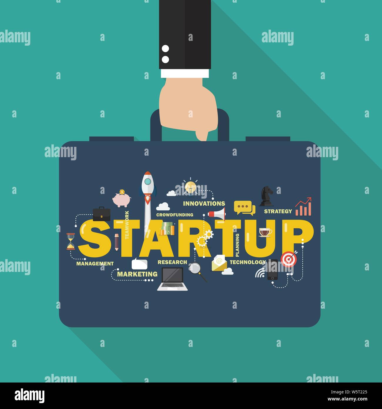 Geschäftsmann hand Aktentasche mit Worten startup.Vector Illustration Stock Vektor