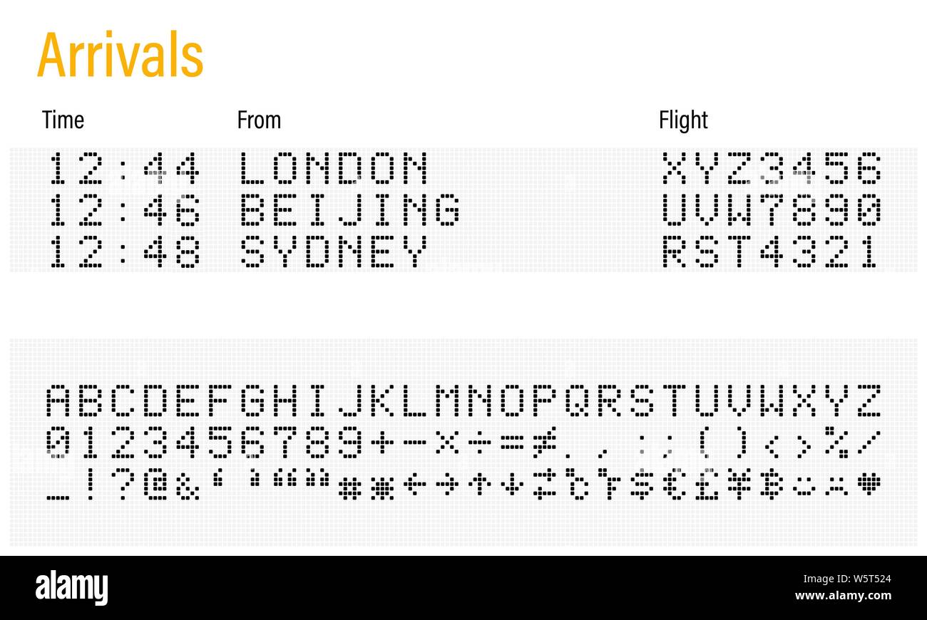 LED-Elektronik digital Font, Buchstaben, Zahlen und Symbole Vector Illustration für Flughafen, Zug Information und Sport Anzeigetafel - Schwarz Stock Vektor