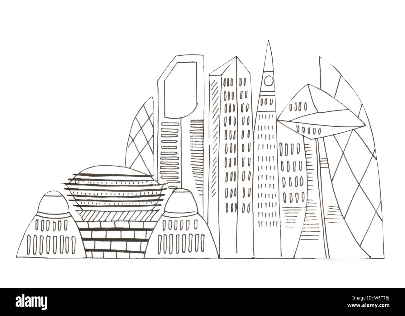 Abbildung: Skizze Zeichnung schwarze Kontur von Skyline Städte isoliert auf einem weißen Hintergrund. Stockfoto