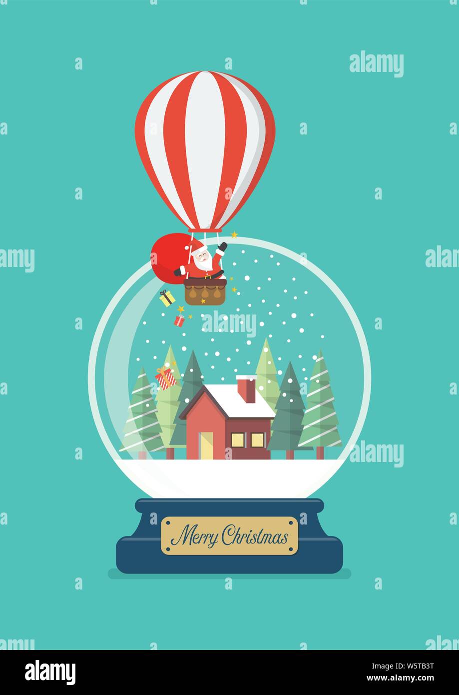 Frohe Weihnachten Glaskugel mit Santa in Ballon und Winter Haus. Vector Illustration Stock Vektor