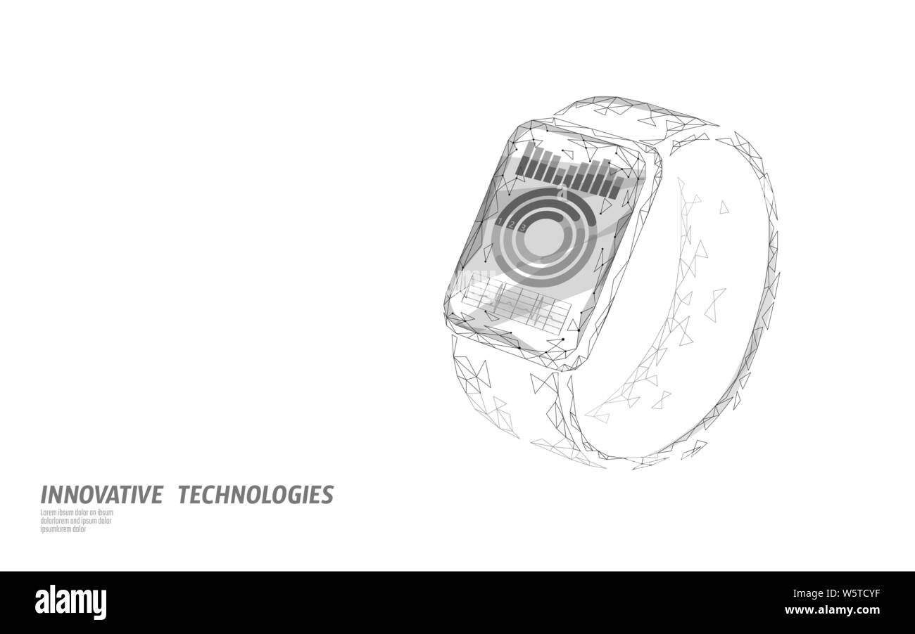 Smart Uhren Touchscreen moderne Technologie Konzept. Low Poly polygonalen Sport tracking App. Medizinisches Gerät Netzwerk Kommunikation Medien Grafik Stock Vektor
