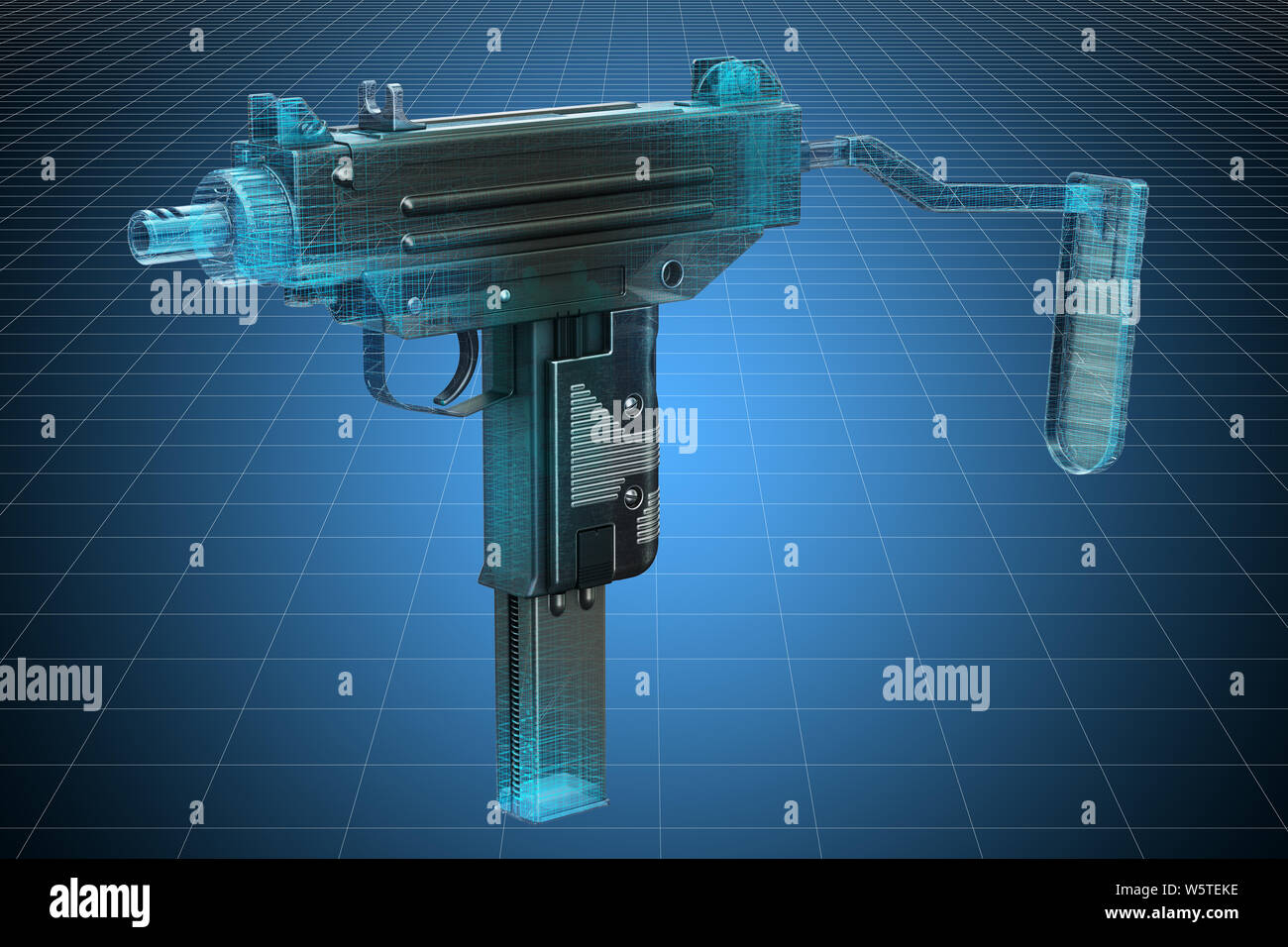 Visualisierung 3D-CAD-Modell der Maschinenpistole, militärische Engineering Konzept. 3D-Rendering Stockfoto