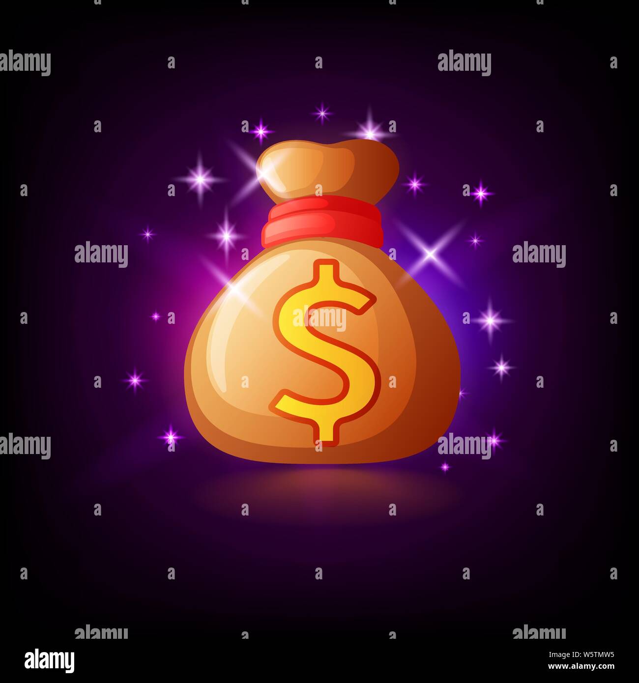 Sekt Beutel mit Geld, slot Symbol für online Casino oder Logo für Mobile Game auf dunklem lila Hintergrund, Vector Illustration. Stock Vektor
