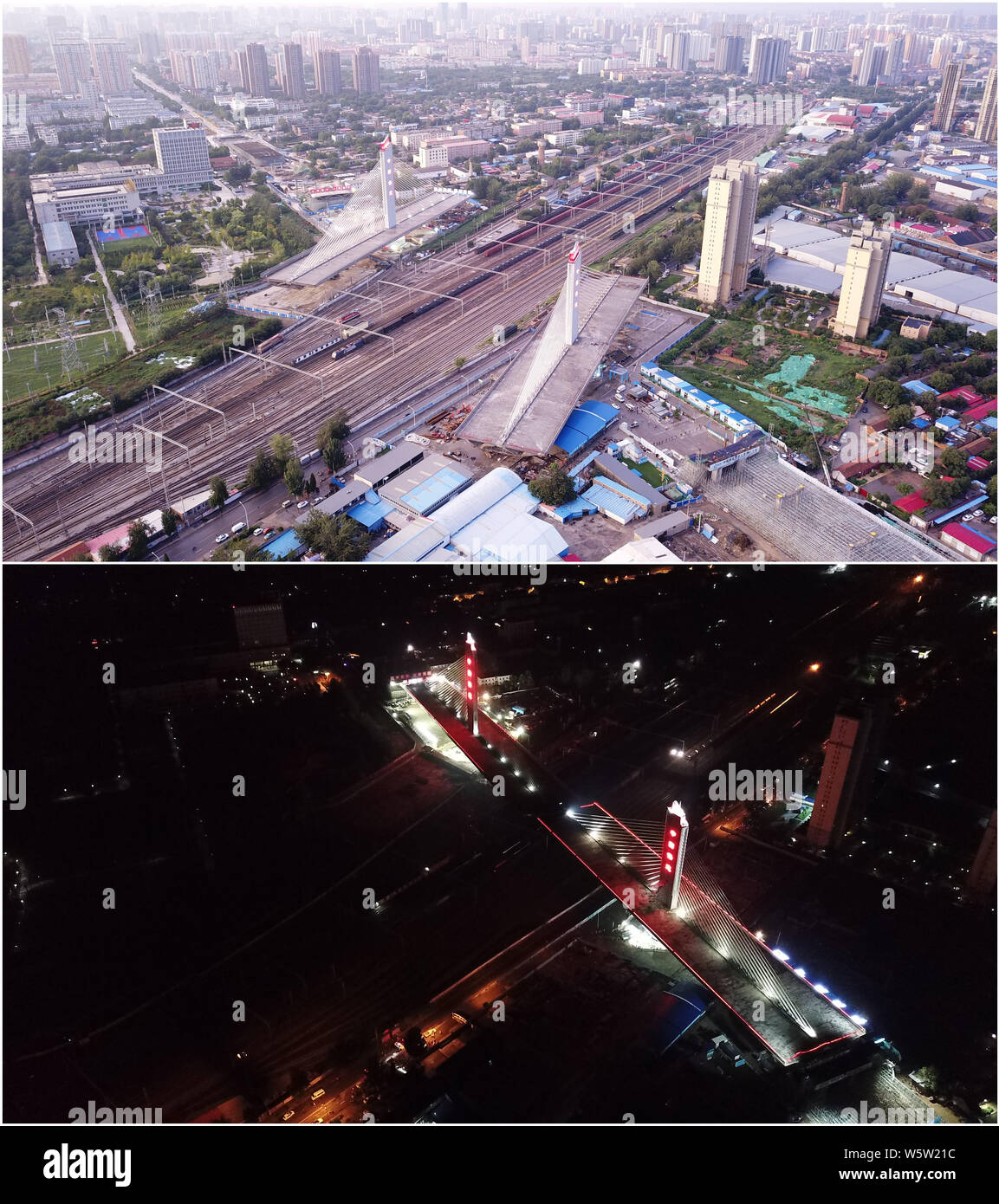 (190730) - BAODING, 30. Juli 2019 (Xinhua) - Diese combo Foto zeigt zwei Teile einer Brücke über dem Beijing-Guangzhou Bahn vor (oben, Foto am 29. Juli 2019) und nach (unten, Foto am 30. Juli 2019 entnommen) Sie werden erfolgreich für die von Ihnen anvisierten Positionen mit den schwenkbaren Bauweise in Baoding, Provinz Hebei Chinas Norden gedreht. China hat die drehbare Bauweise in Gebäude viele Brücken, die Störungen auf den Verkehr unten zu minimieren. Die Methode hilft, den Zwängen der Umwelt und Verkehr überwinden, während die Verkürzung der Bauzeit. (Xinhu Stockfoto