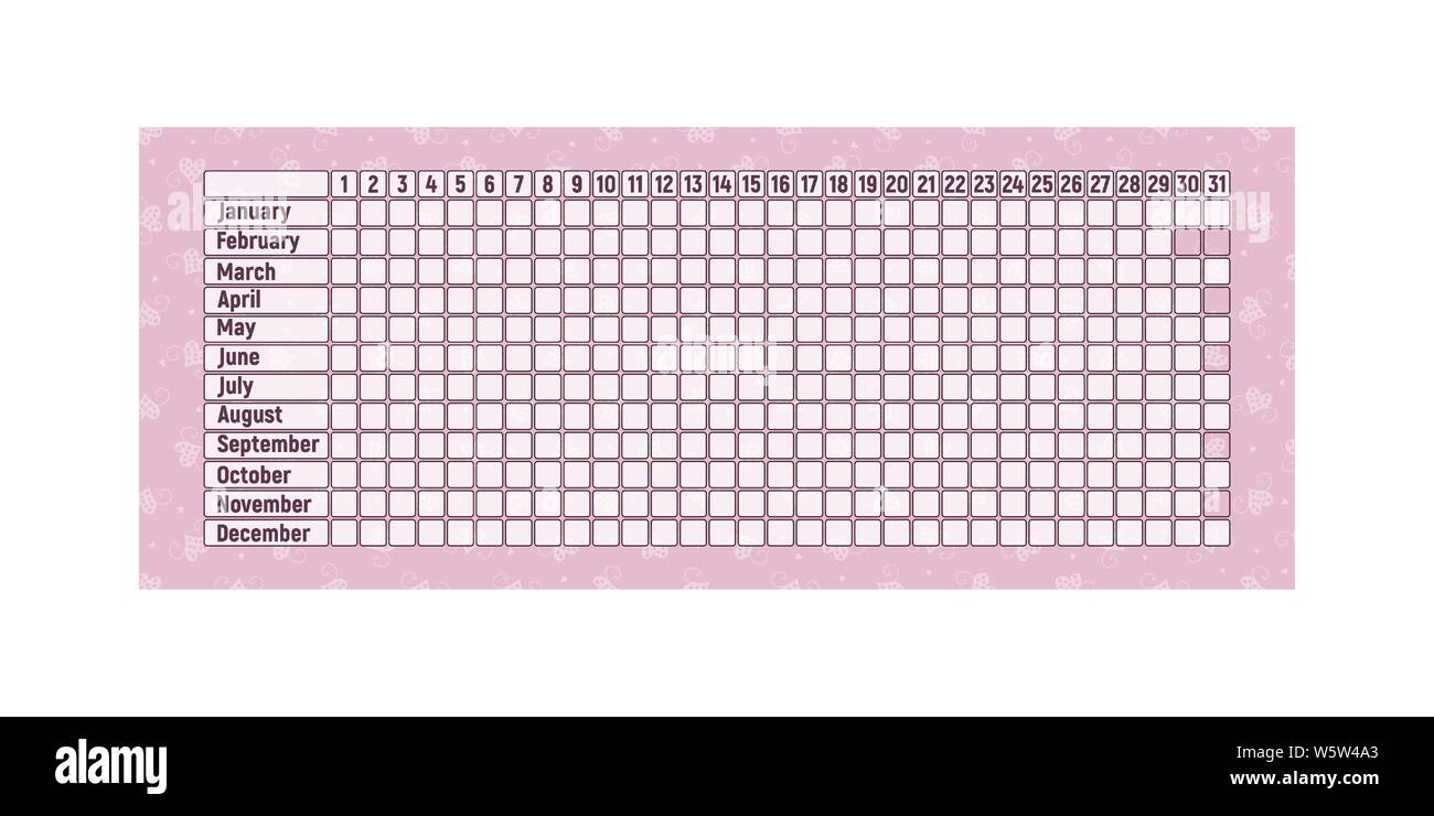 Menstruation Kalender. Monatliche Frau Menstruation steuern. Vector Illustration. Tabelle leeren Rosa mit Herzen. Stock Vektor