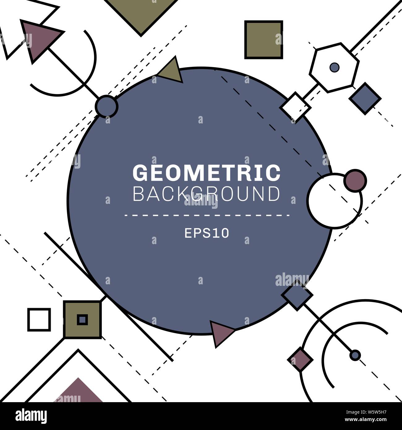 Abstrakt Blau und Grau geometrische und Dash Linien Zusammensetzung auf weißem Hintergrund mit Platz für Text. Kreise, Quadrate, Dreiecke, Sechskant, Elemente. V Stock Vektor