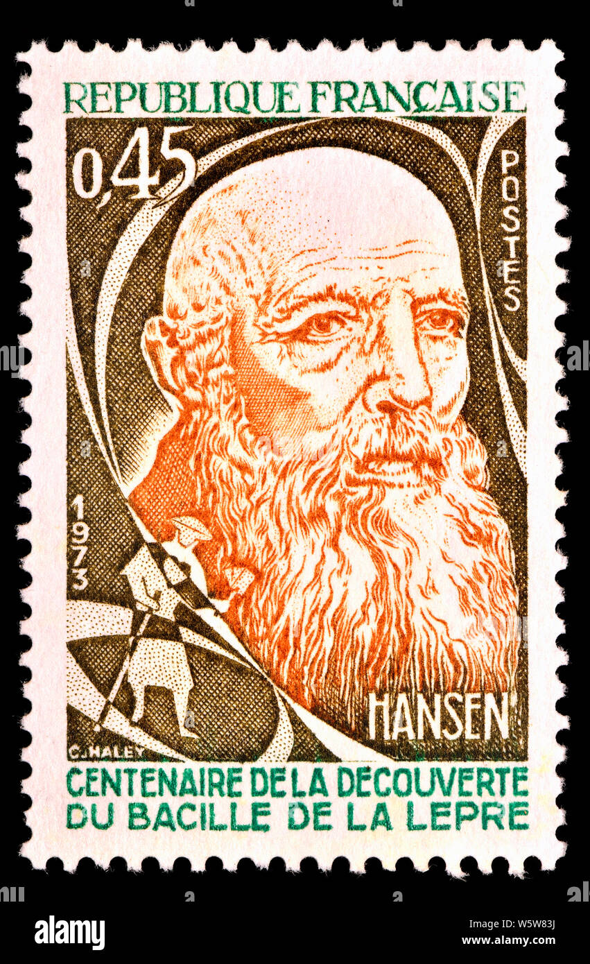 Französische Briefmarke (1973): Gerhard Henrik Armauer Hansen (1841-1912). Jahrestag der Entdeckung der Lepra/Hansen Stockfoto