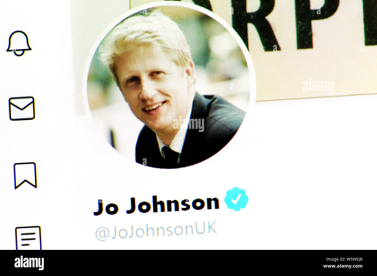 Twitter Seite (Juli 2019) - Jo Johnson - Staatsminister im Ministerium für Unternehmen, Energie und industrielle Strategie und der Abteilung für Educat Stockfoto