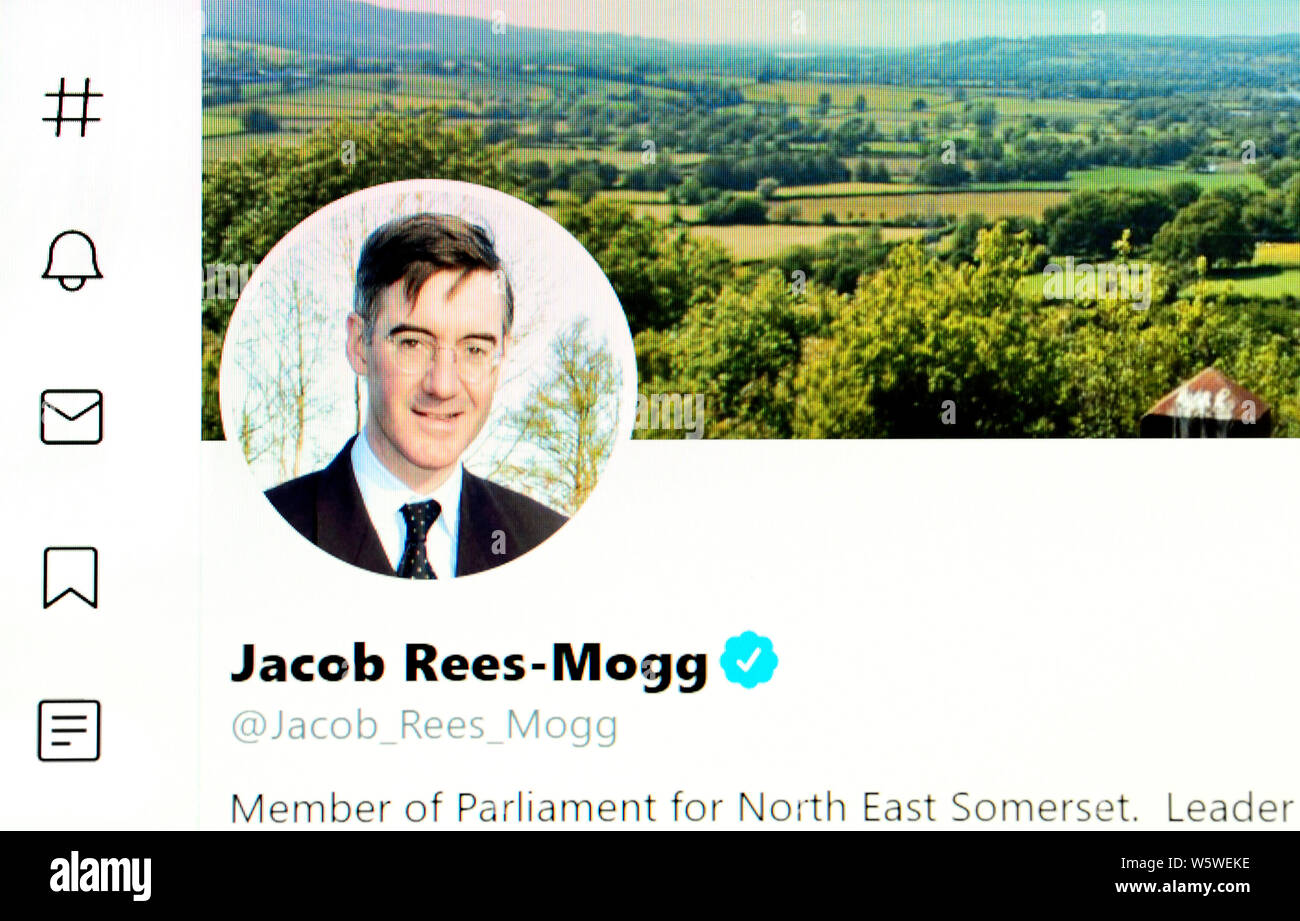 Twitter Seite (Juli 2019) - Jakob Rees-Mogg MP - Herr Präsident des Rates, der Führer des Unterhauses Stockfoto