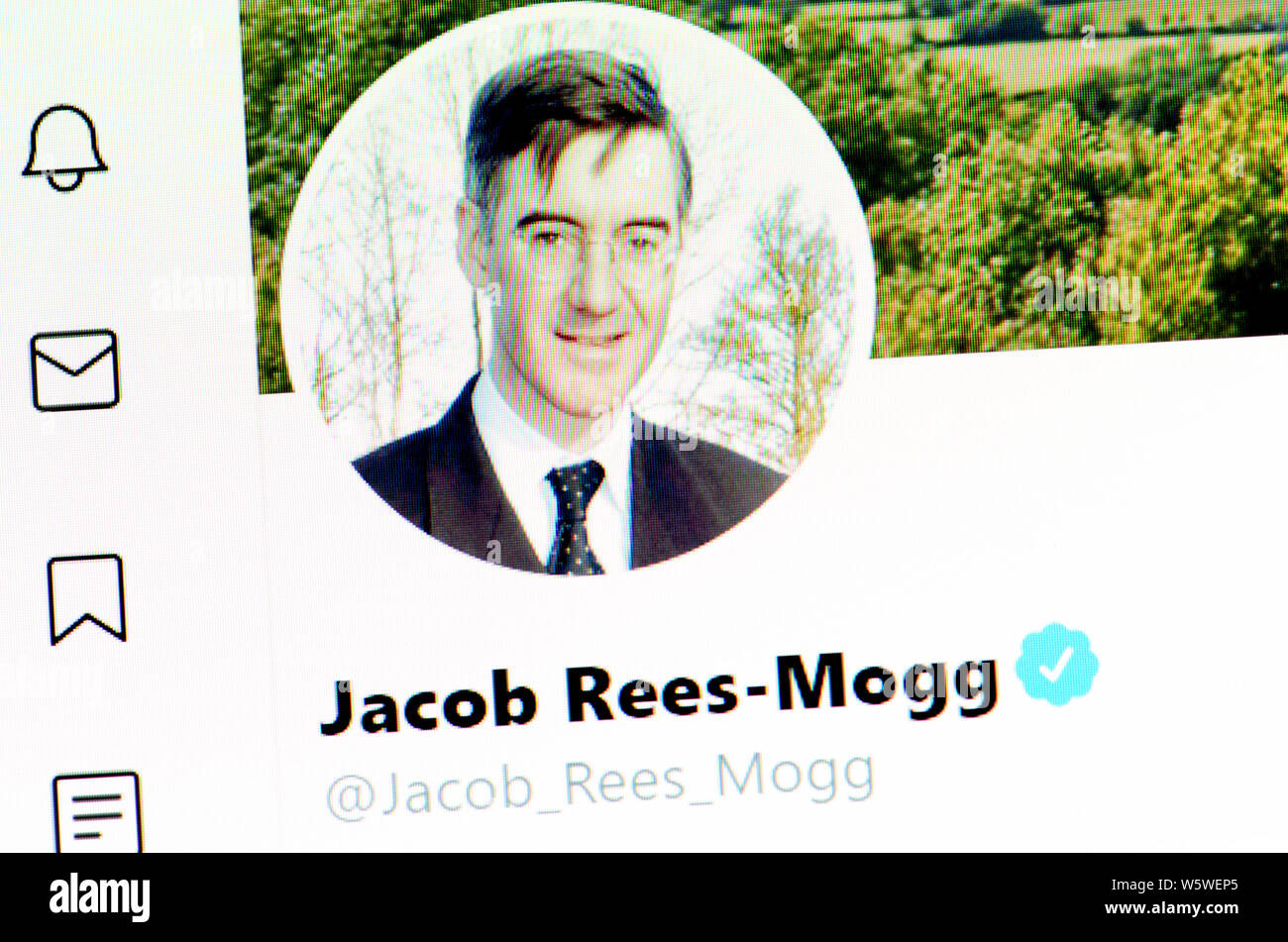 Twitter Seite (Juli 2019) - Jakob Rees-Mogg MP - Herr Präsident des Rates, der Führer des Unterhauses Stockfoto