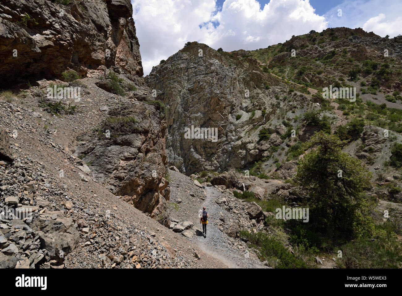 Trekking durch die iskander Kul See der Fan Gebirge in Tadschikistan, Zentralasien Stockfoto