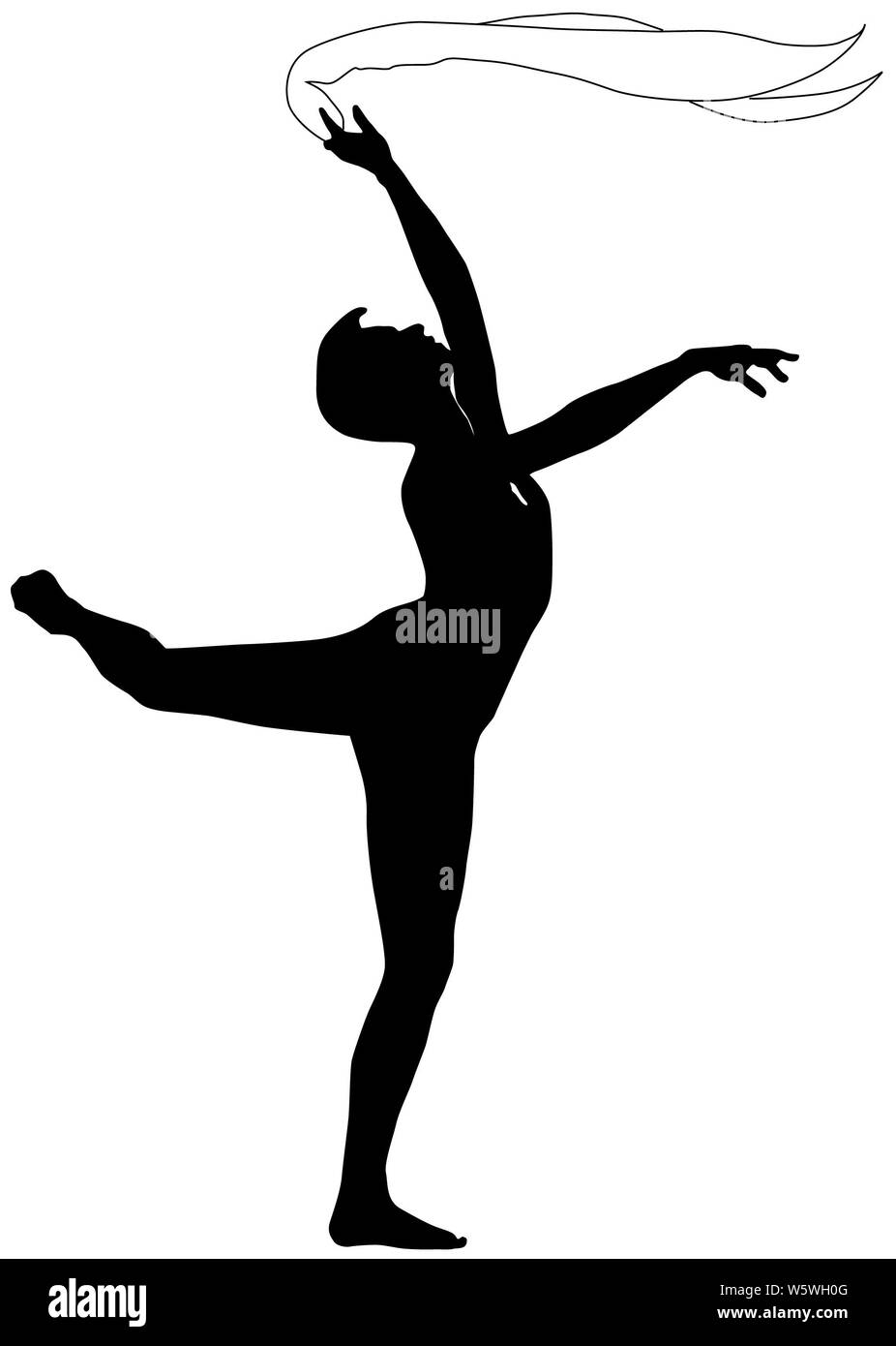 Silhouette einer Tänzerin mit einem Schal auf weißem Hintergrund posiert Stockfoto