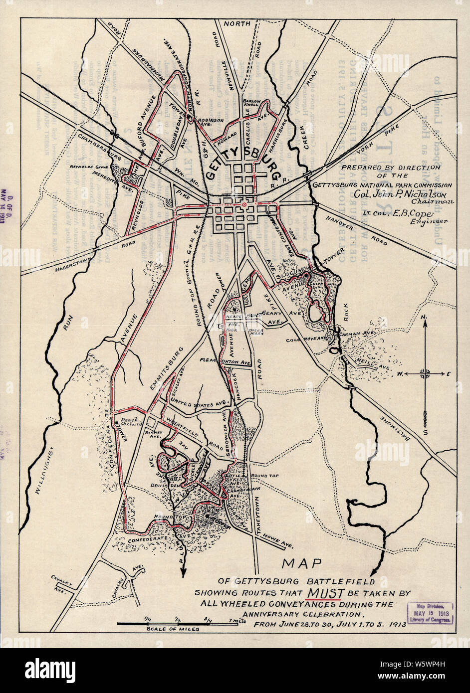 Bürgerkrieg Karten0722 Karte von Gettysburg Battlefield, Routen, die von allen Rädern Transportmittel während der jubiläumsfeier von Juni 28 bis Juni 30 1 Juli 5 1913 Wiederaufbau und Instandsetzung Stockfoto