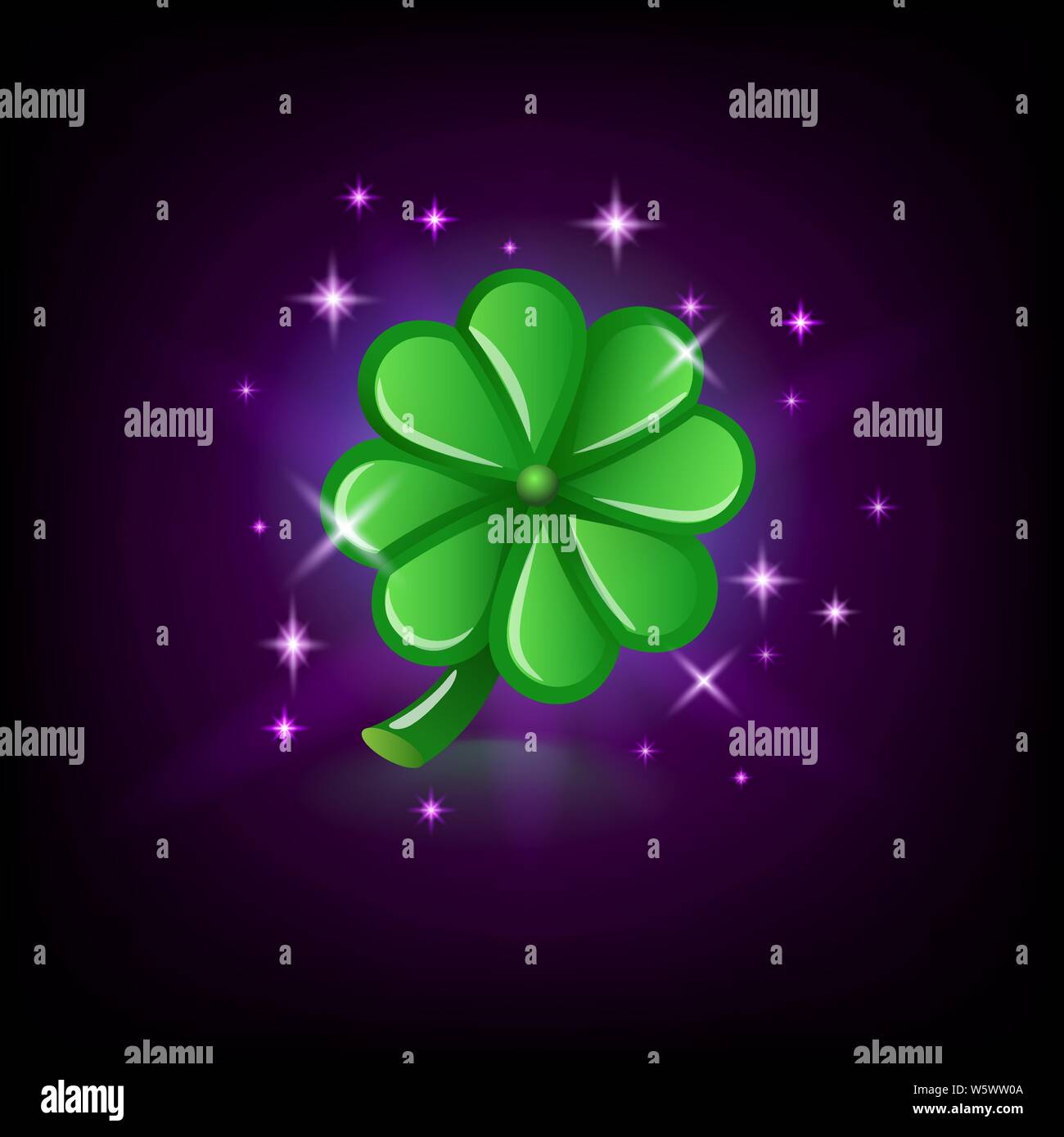 Grüne Kleeblatt mit funkelt, Glück Symbol, Symbol für online Casino oder Logo für Mobile Game auf dunklem Hintergrund, Vector Illustration. Stock Vektor