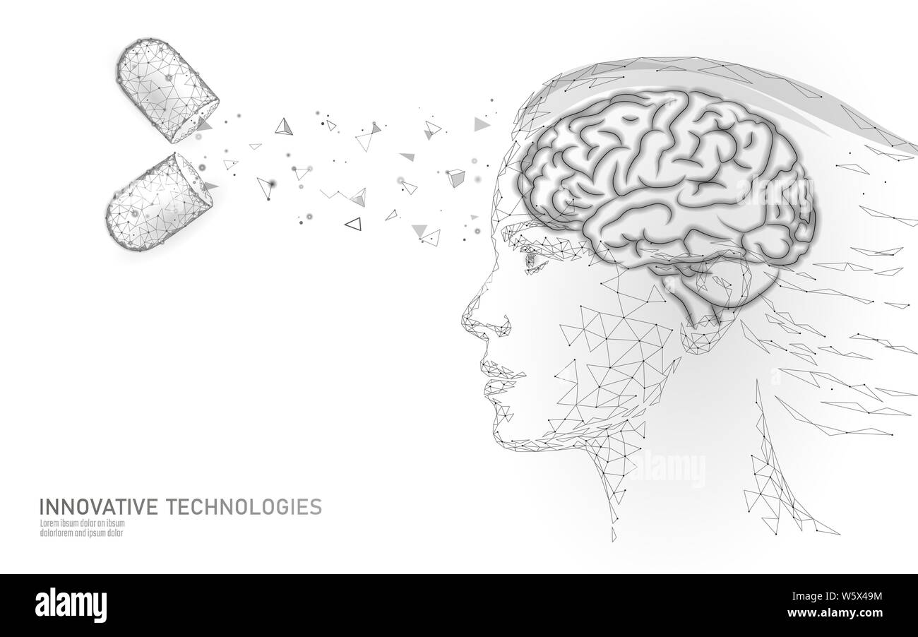 Gehirn Behandlung Low Poly 3D-Render. Droge nootropische menschliche Fähigkeit Reizmittel smart der psychischen Gesundheit. Medizin kognitive Rehabilitation in der Alzheimer Krankheit Stock Vektor