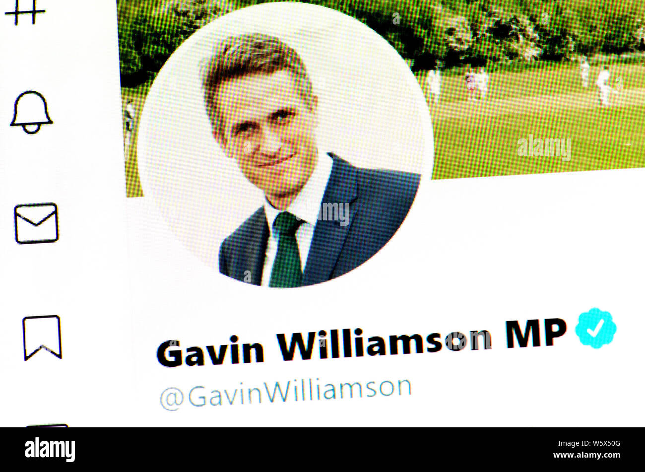 Twitter Seite (Juli 2019) - Rt Hon Gavin Williamson MP-Minister für Bildung Stockfoto