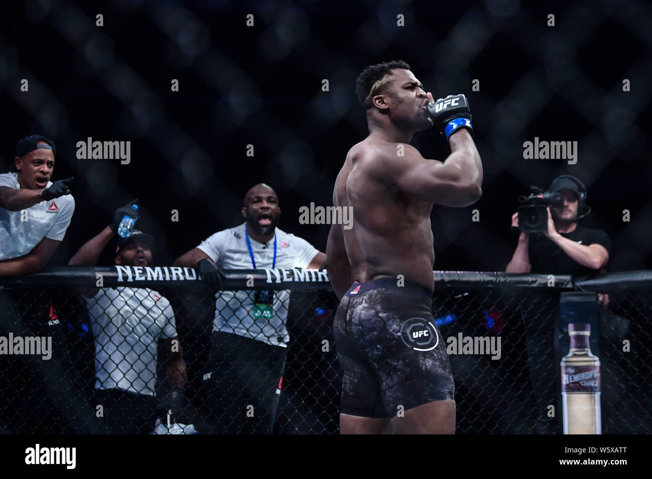 Francis Ngannou von Kamerun und Frankreich (blaue Handschuhe) reagiert gegen Curtis Blaydes von Amerika (rote Handschuhe) während der UFC Nacht in Cadillac Aren Kampf Stockfoto