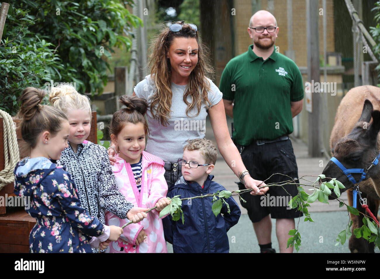 Ande das Lama offiziell eröffnet neue ZSL London Zoo Animal Adventure heute Morgen vom 30. Juli 2019 von seinem Weg durch eine zeremonielle Ribbon munching, nach der Eröffnung der Zoo berühmtheiteltern Michelle Heaton, Charlie Simpson und Katie Piper an der 32.000 qm neue Streichelzoo und Spielplatz auf einer Reise von Wildtieren Entdeckung, die ein Leben lang halten begrüßt. Moderator JB Gill und seiner Familie gefeiert, dass sich ihre Tochter Chiara Geburtstag an den Start. wo die Kleine in einem entzückenden Miniaturausgabe zookeeper Outfit gekleidet met Zwergziegen Dornbusch und Tölpel. . London Zoo. London, Großbritannien Stockfoto