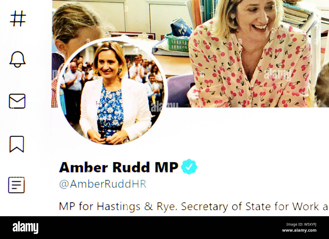 Twitter Seite (Juli 2019) - Rt Hon Amber Rudd MP-Minister für Arbeit und Altersversorgung und Ministerin für Frauen, Gleichstellungsfragen Stockfoto