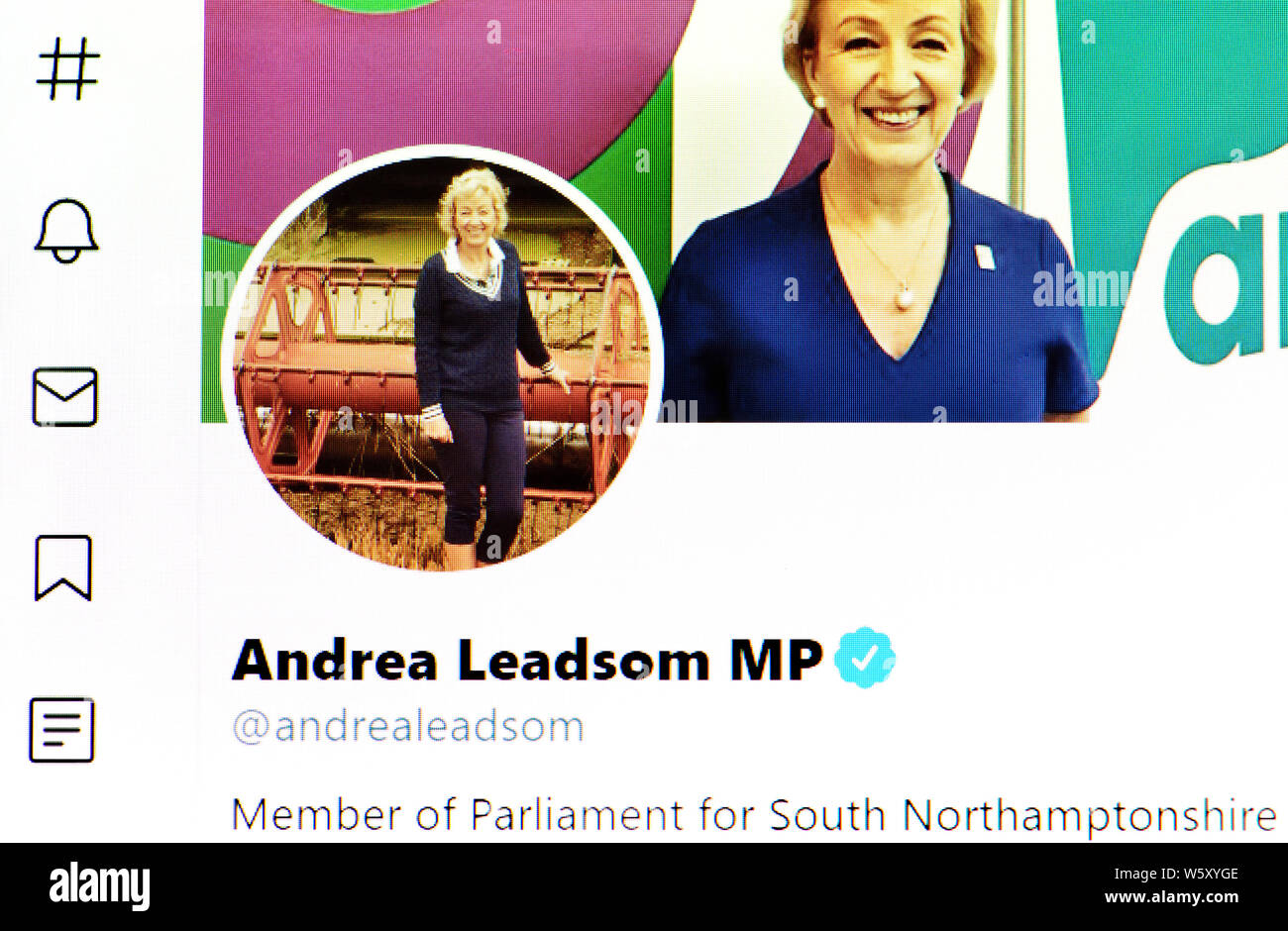 Twitter Seite (Juli 2019) - Rt Hon Andrea Leadsom MP-Staatssekretär für Wirtschaft, Energie und industrielle Strategie Stockfoto