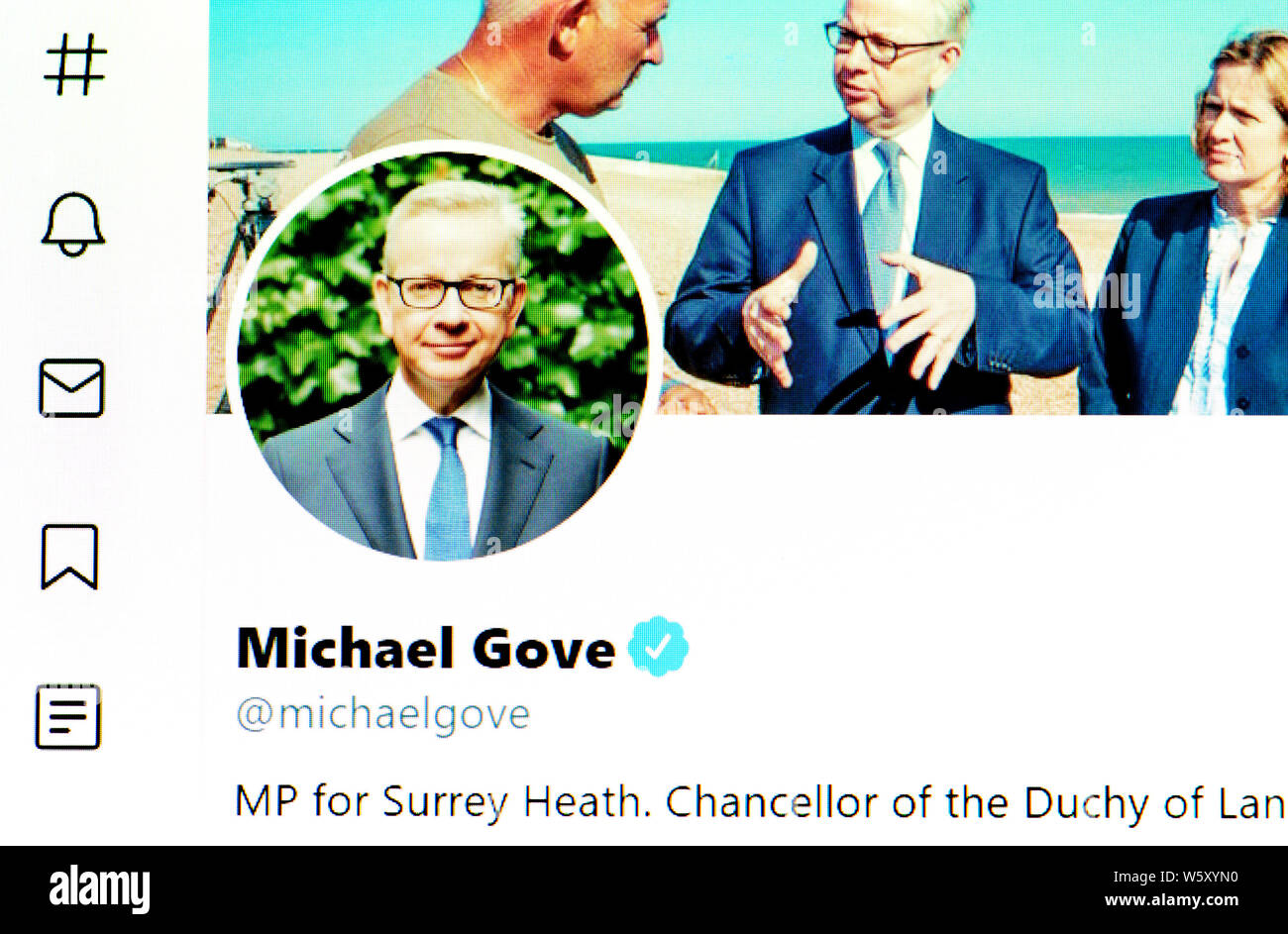 Twitter Seite (Juli 2019) - Rt Hon Michael Gove MP - Kanzler des Herzogtums Lancaster Stockfoto