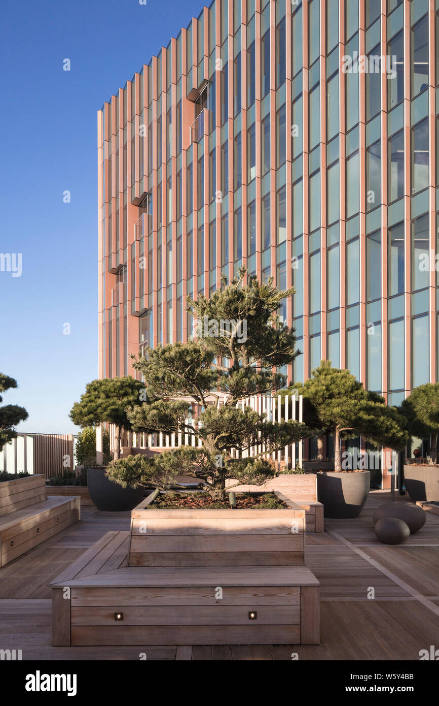 Sky Garten mit Pflanzen und Holz Belag. Die Stratford-Manhattan Loft Gardens, London, Vereinigtes Königreich. Architekt: Skidmore Owings & Merrill, Inc. Stockfoto