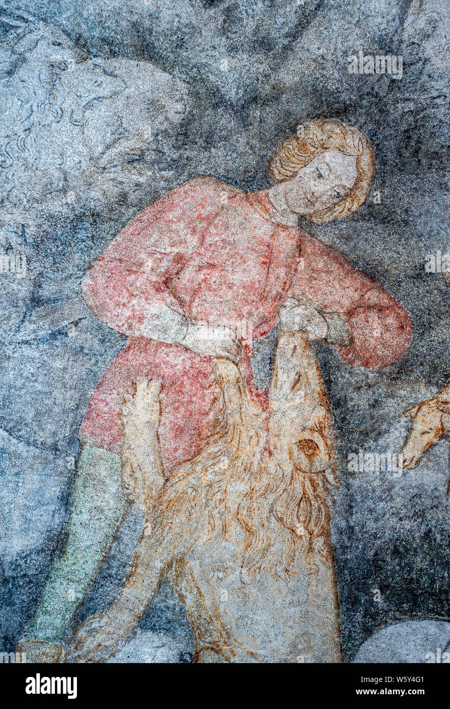 Italien Piemont Romagnano Sesia Benediktinerabtei San Silano (San Silvano) Keller von heiligen Fresken - David streifte seine Herde und tötete den Bestien, die ihn angegriffen Stockfoto