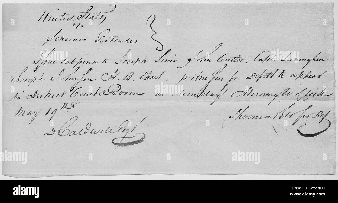 Vorladung von Zeugen im Prozess gegen die Gertrude; Umfang und Inhalt: Die Subpoenaed gehören Joseph Sims, Johannes Coutler, Kapitän Inninghan [original Hand schreiben unklar], Joseph Johnson, und H.B. Kauen. Allgemeine Hinweise: Dieser Fall, in dem das Dokument abgelegt ist, wird auch als United States versus der Schoner Gertrude und Cargo, Oktober 1816 referenziert Stockfoto