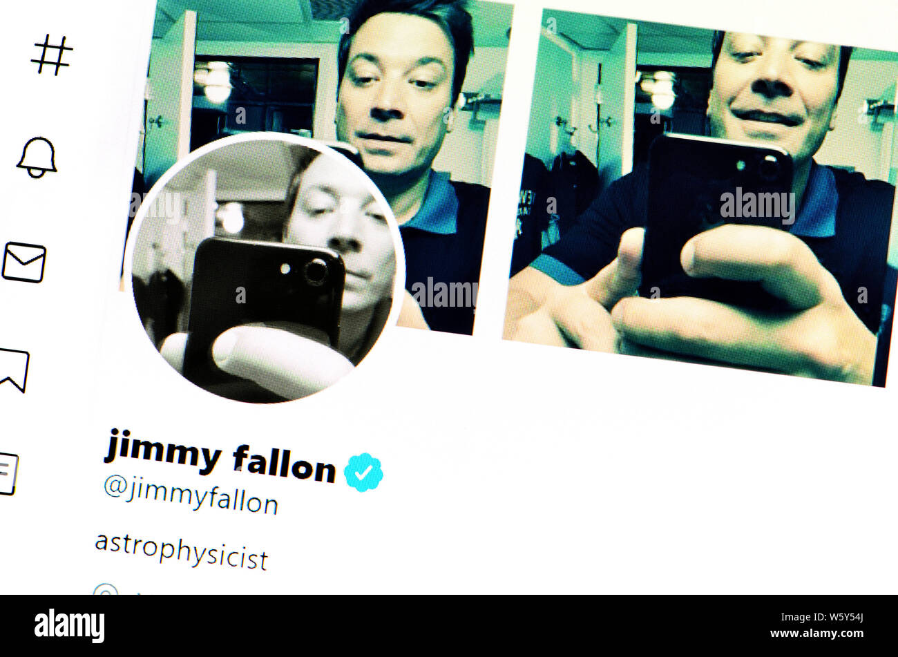 Twitter Seite (Juli 2019): Jimmy Fallon-amerikanische Komiker, Schauspieler, Fernsehmoderator, Sänger, Texter und Produzent. Stockfoto