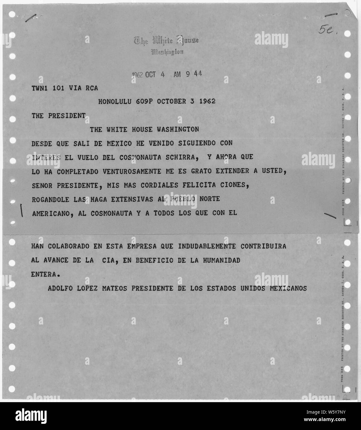 Telegramm, Präsident Mateos an Präsident Kennedy Oktober 3, 1962; Umfang und Inhalt: Telegramm auf Spanisch von Adolfo Lopez Mateos, Präsident der Vereinigten Mexikanischen Staaten geschrieben, Glückwunsch an Präsident Kennedy und das amerikanische Volk auf die erfolgreiche Mission von Walter Schirra. Stockfoto