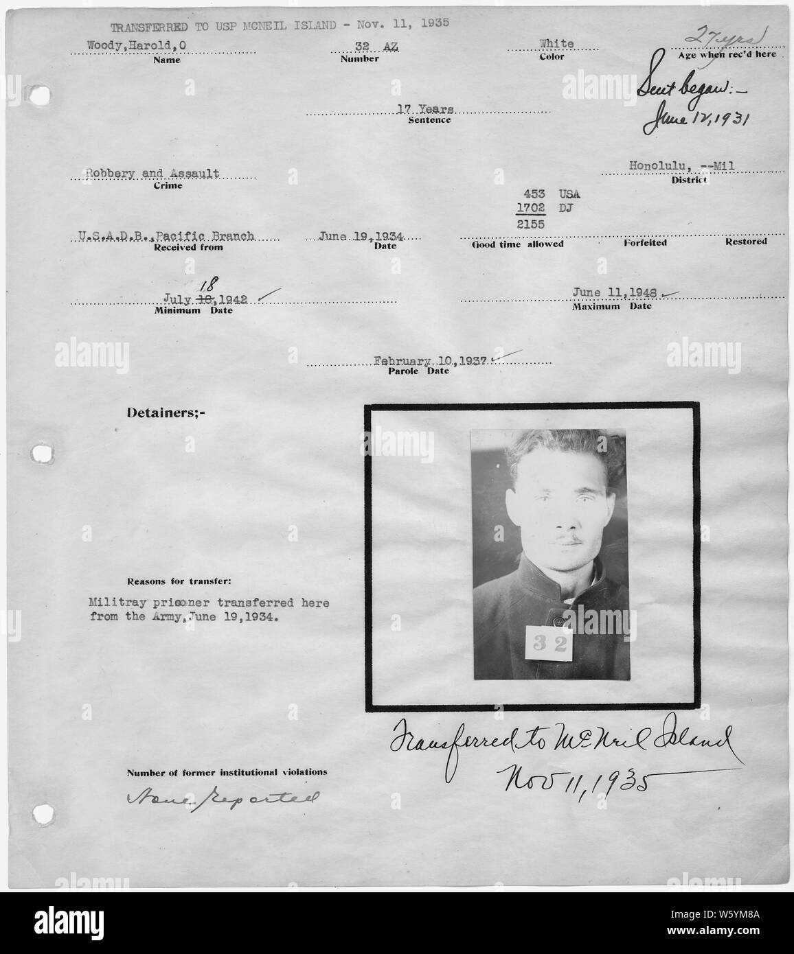 Warden's notebook Seite, mit polizeifoto, von Harold O. Woody, 32-AZ. Stockfoto