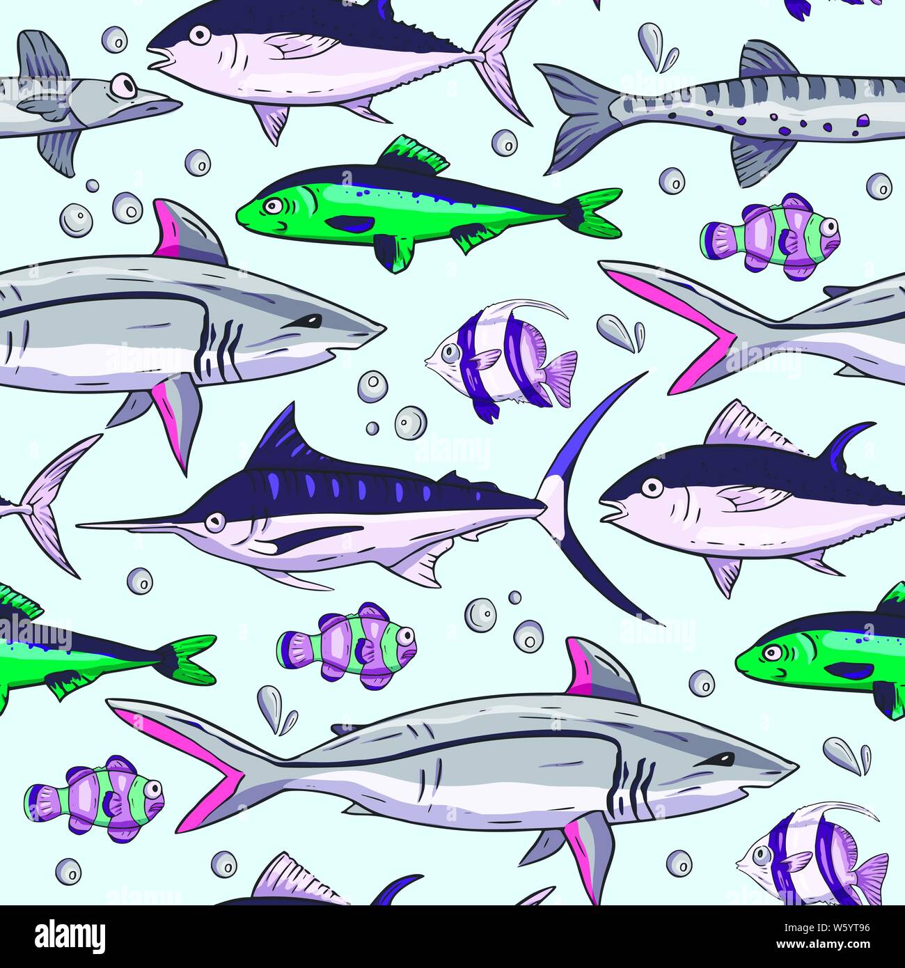 Meer nahtlose Vektor Muster. Ozean tropicar exotische Abbildung mit tropischen Unterwasserwelt Tiere - Haifisch, der maurischen Idol, Clownfische, Schwertfisch. Marine leben. Meer Hintergrund Vector Illustration. Stock Vektor