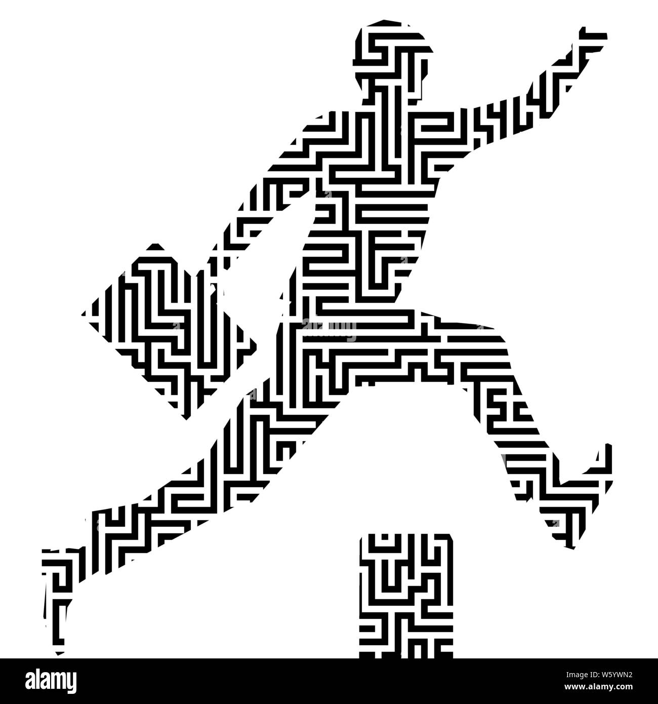 Vector Illustration. Laufender Mann Silhouette mit Labyrinth oder Irrgarten Textur. Isoliert. Stock Vektor
