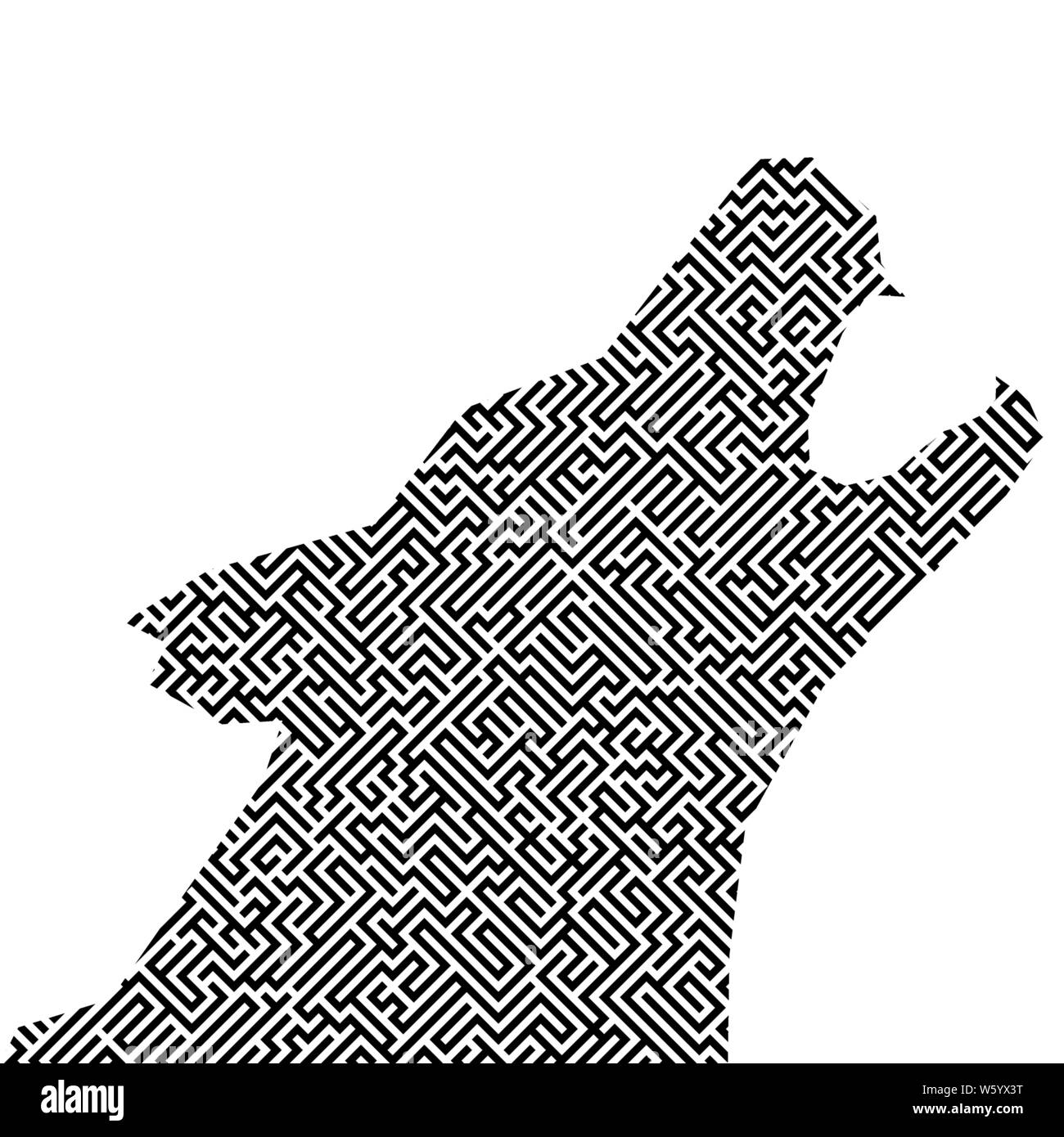 Vector Illustration. Kopf wolf Silhouette mit Labyrinth oder Irrgarten Textur. Isoliert. Stock Vektor