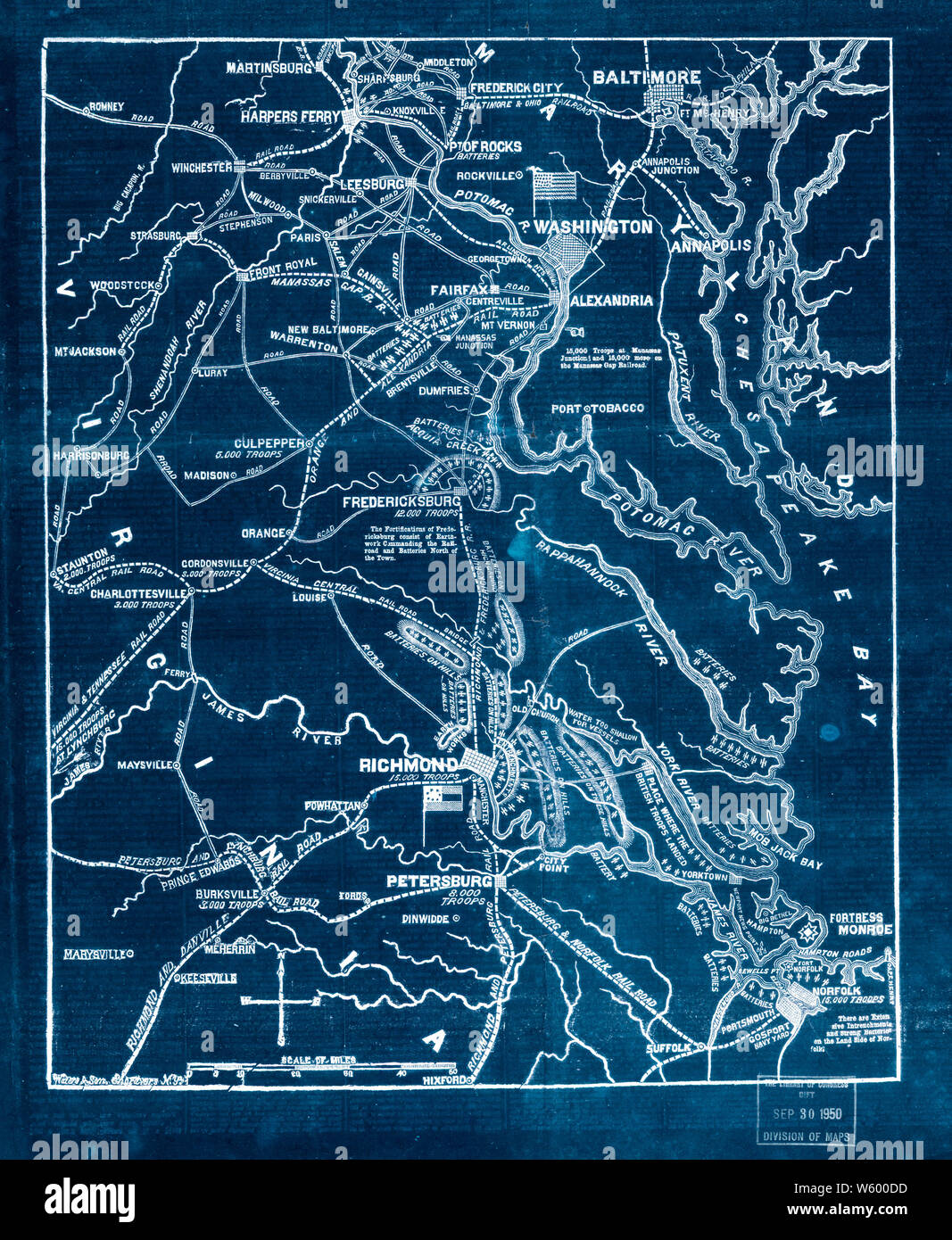 Bürgerkrieg Karten 1800 der Sitz des Krieges in Virginia Positionen der Rebellen Batterien intrenchments und Zeltdörfer in Virginia - die Befestigungsanlagen zum Schutz von Richmond invertiert Bauen und Reparieren Stockfoto