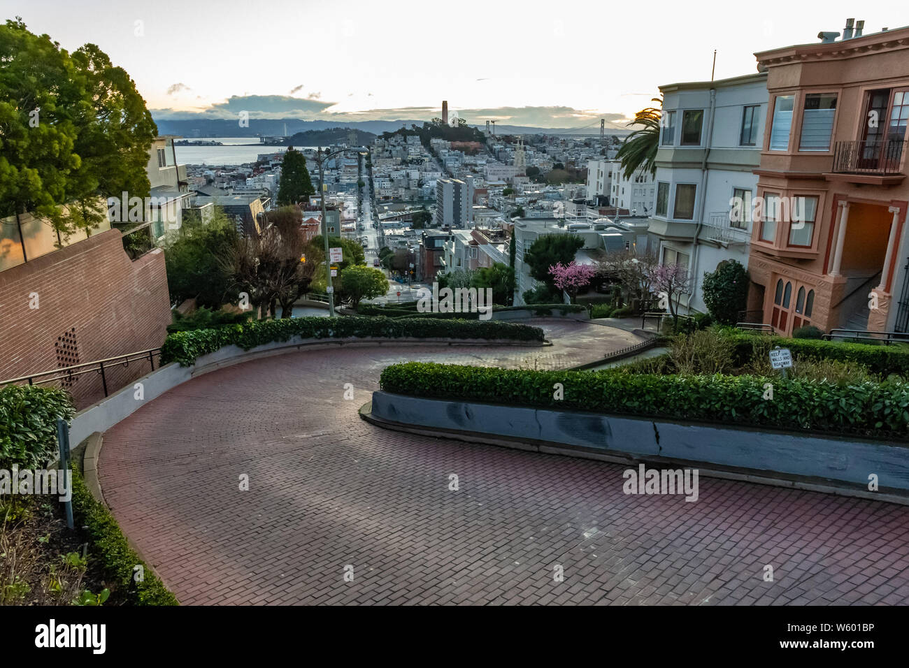 Die krummste Straße der Welt der Lombard Street in der Morgendämmerung. San Francisco ist im frühen Morgenlicht. Stockfoto