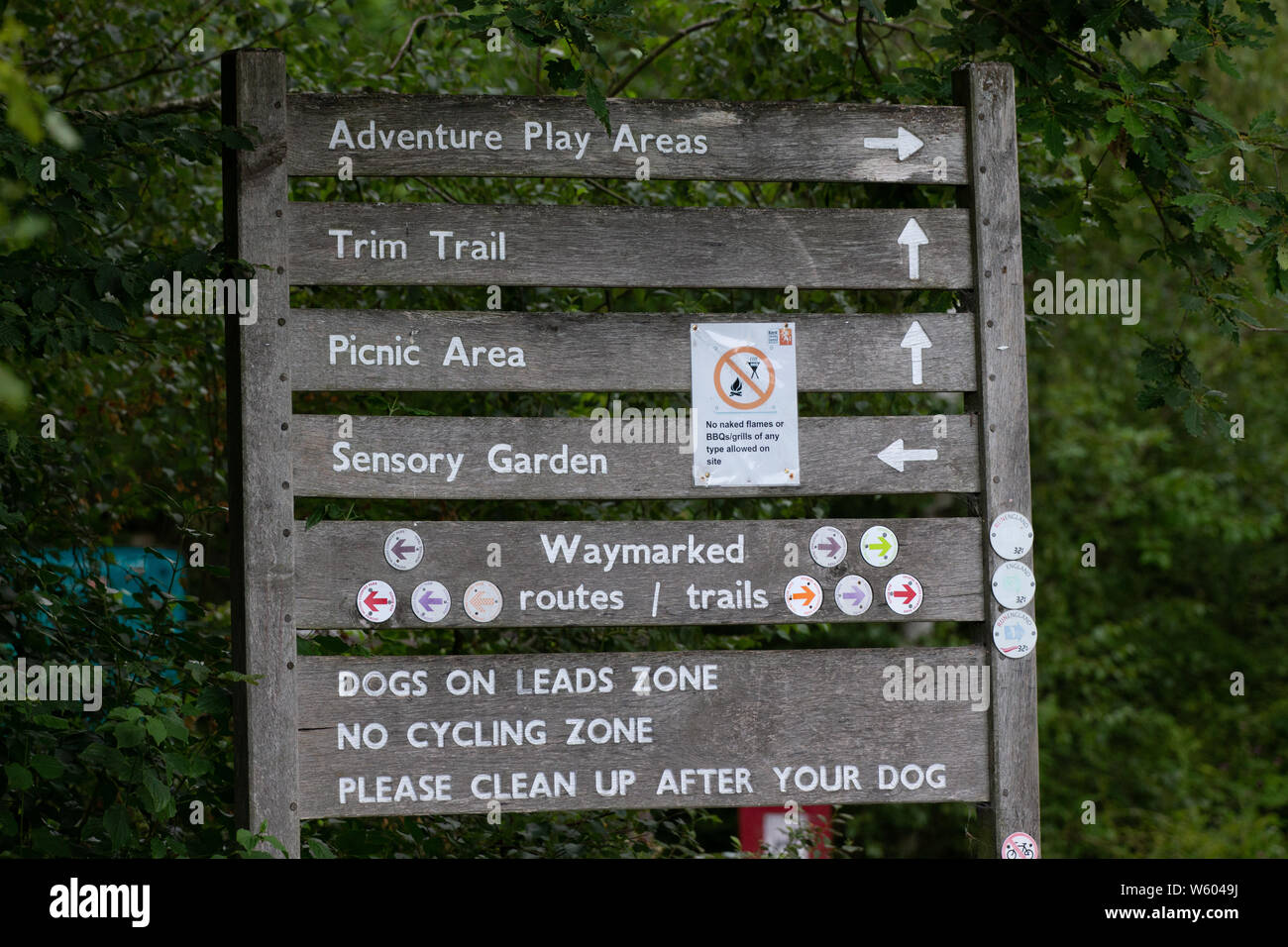 Ein UK Country Park Anmelden besucher Anfahrt Wanderwege, Abenteuer Spielplätze, Sinnesgarten, Picknick, und verbotenen Handlungen. Stockfoto