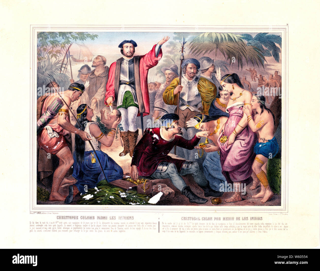 Christophe Colomb parmi les Indiens/Christopher Columbus bei den Indianern (1850-1900) Stockfoto