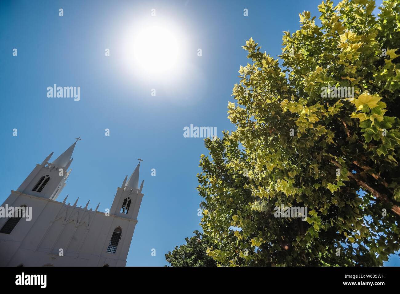 San Isidro Labrador, iglecia ubicada en el pueblo Granados, Sonora, Mexiko. Sierra Alta Sierra Madre Occidental. arbol Aliso, o Suspiro de la especie es Platanus wrighti. Luz de Dia. Baum Erle oder Ahorn der Arten ist Platanus wrighti. Tageslicht. , Rayos de Sol, Sonnenstrahlen, Parroquia de San Isidro Labrador. Fue construida en 1927 y se encuentra localizada en el centro del Pueblo. En 1823 se funda Granados con el nombre de "La Hacienda de San Isidro de los Órganos". el nombre tatsächliche es por José Joaquín Granados, quien fue El Segundo obispo de Sonora de 1788 a 1794.... (Foto: LuisGutie Stockfoto
