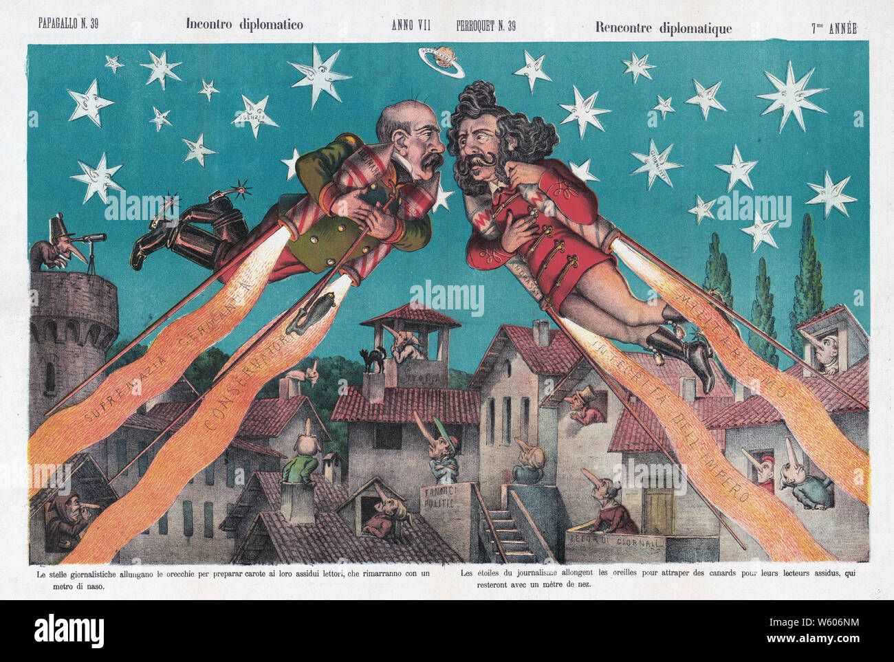 Italienischen politischen Karikatur zeigt Otto von Bismarck und Gyula Andrássy mit Raketen mit der Aufschrift "bismark" und "Andrassy' unter ihren Armen, Schießen über die Dächer auf Kollisionskurs über ein Nachthimmel mit Sternen mit der Aufschrift "beschäftigungsbüros Giron "listi', mit Saturn oben in der Mitte als einem menschlichen Kopf mit Ring mit der Aufschrift "Gorciakoff" (d. h., Gorchakov). Stockfoto Italienischen politischen Karikatur zeigt Otto von Bismarck und Gyula Andrássy mit Raketen mit der Aufschrift "bismark" und "Andrassy' unter ihren Armen, Schießen über die Dächer auf Kollisionskurs über ein Nachthimmel mit Sternen mit der Aufschrift "beschäftigungsbüros Giron "listi', mit Saturn oben in der Mitte als einem menschlichen Kopf mit Ring mit der Aufschrift "Gorciakoff" (d. h., Gorchakov). Stockfoto