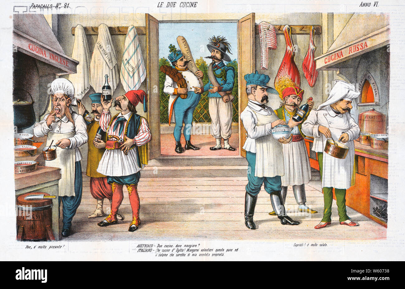 Italienischen politischen Karikatur zeigt die Innenansicht eines großen  Raum in zwei Küchen unterteilt, die "Cucina Allemand' auf der linken Seite  und die "Cucina Russa' rechts; die britischen Koch, Weinprobe, ein Gericht  mit