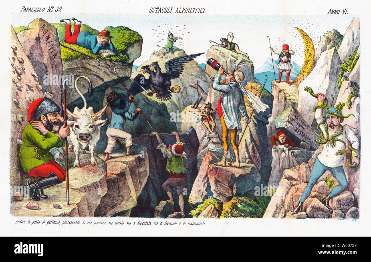 Italienischen politischen Karikatur zeigt Vertreter vieler Nationen in den Berliner Kongress, und der nachfolgende Vertrag von Berlin; sie sind jeweils ihre eigenen Wege zum Frieden durch die Berge. Stockfoto Italienischen politischen Karikatur zeigt Vertreter vieler Nationen in den Berliner Kongress, und der nachfolgende Vertrag von Berlin; sie sind jeweils ihre eigenen Wege zum Frieden durch die Berge. Stockfoto