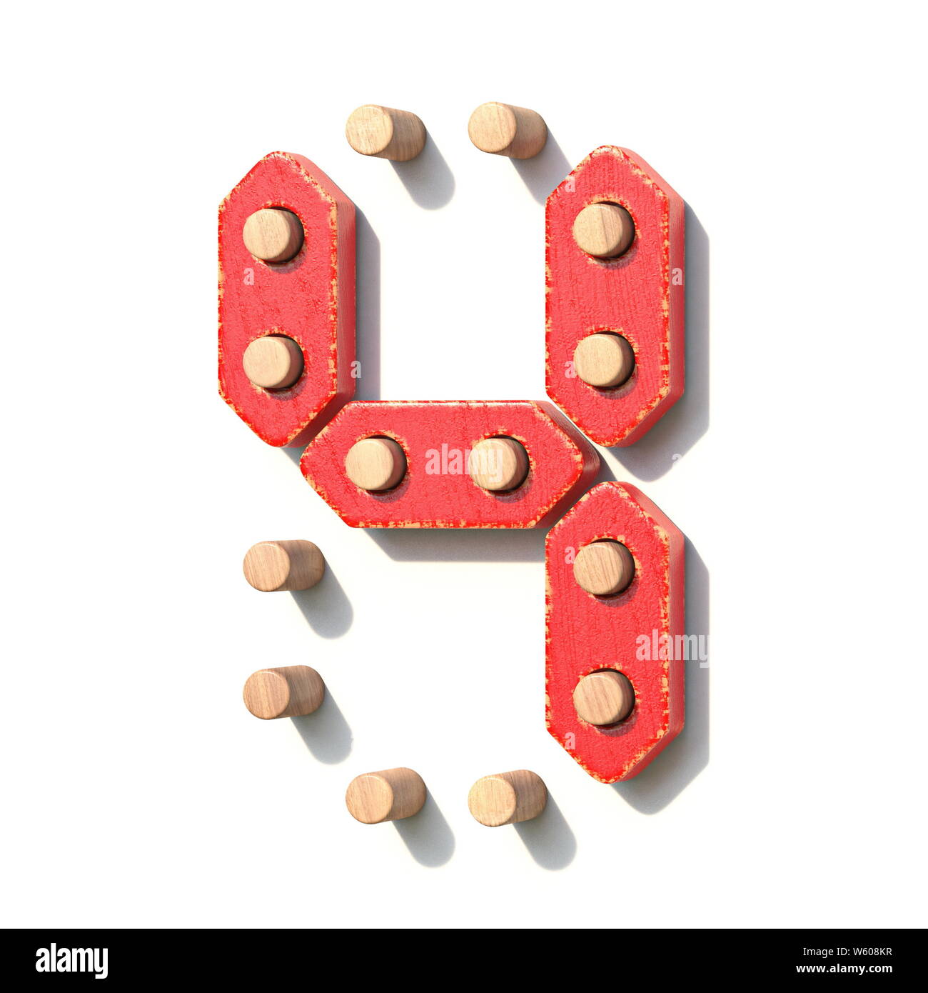 Holzspielzeug red digital Anzahl 4 4 3D-Render Abbildung auf weißem Hintergrund Stockfoto