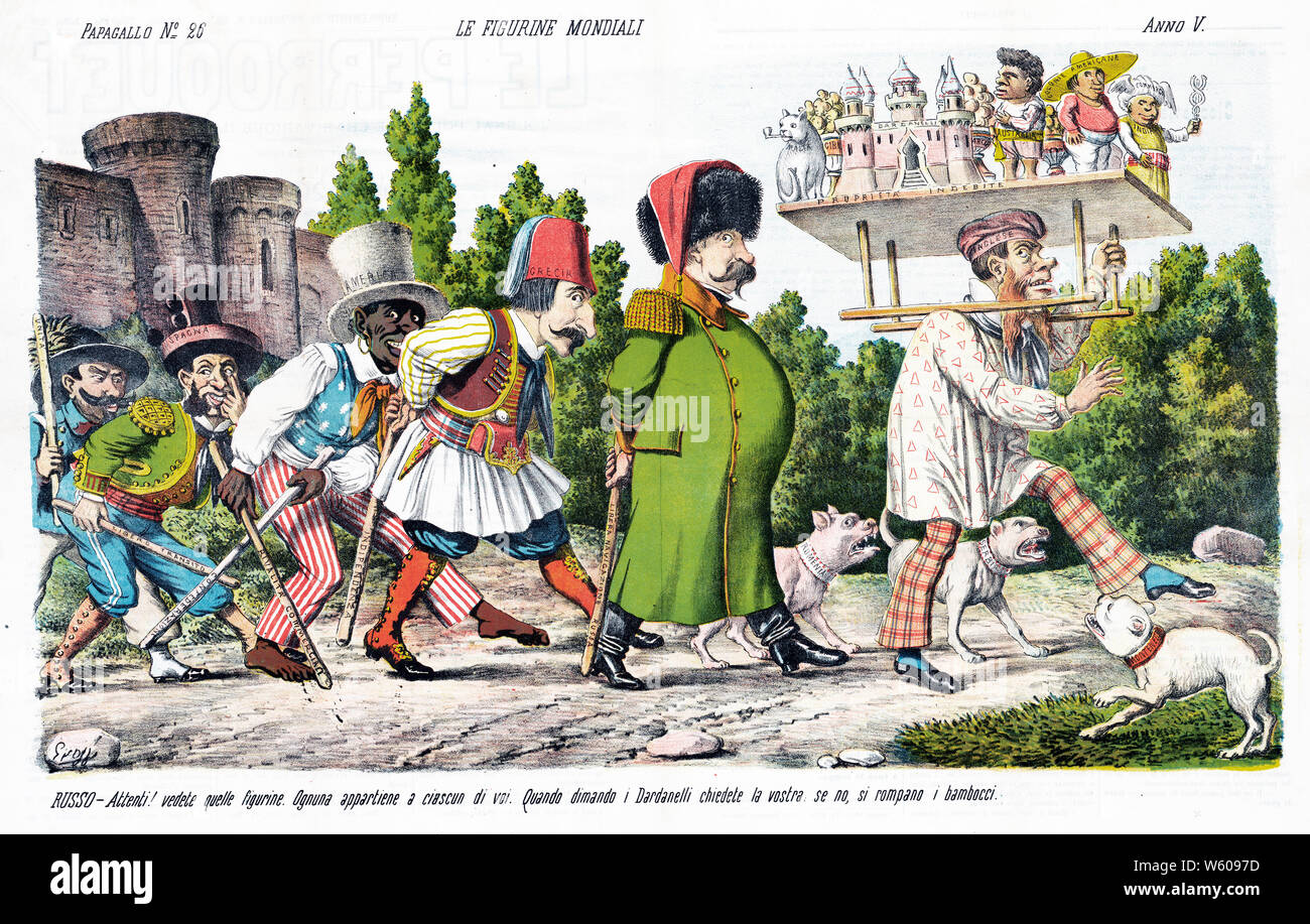 Italienischen politischen Karikatur zeigt eine Prozession von links nach rechts bewegt, mit einem Mann namens 'German' an der Spitze; er gleicht einer kleinen Plattform mit der Bezeichnung "Indebite Proprieta' auf seine Schultern und Kopf, auf Es sind Figuren 'Malta', 'Gib', 'Arci', 'Australien', 'Colonie Commerci Americane', 'Indien', und ein Schloss mit der Bezeichnung "ardanelli'. Stockfoto Italienischen politischen Karikatur zeigt eine Prozession von links nach rechts bewegt, mit einem Mann namens 'German' an der Spitze; er gleicht einer kleinen Plattform mit der Bezeichnung "Indebite Proprieta' auf seine Schultern und Kopf, auf Es sind Figuren 'Malta', 'Gib', 'Arci', 'Australien', 'Colonie Commerci Americane', 'Indien', und ein Schloss mit der Bezeichnung "ardanelli'. Stockfoto