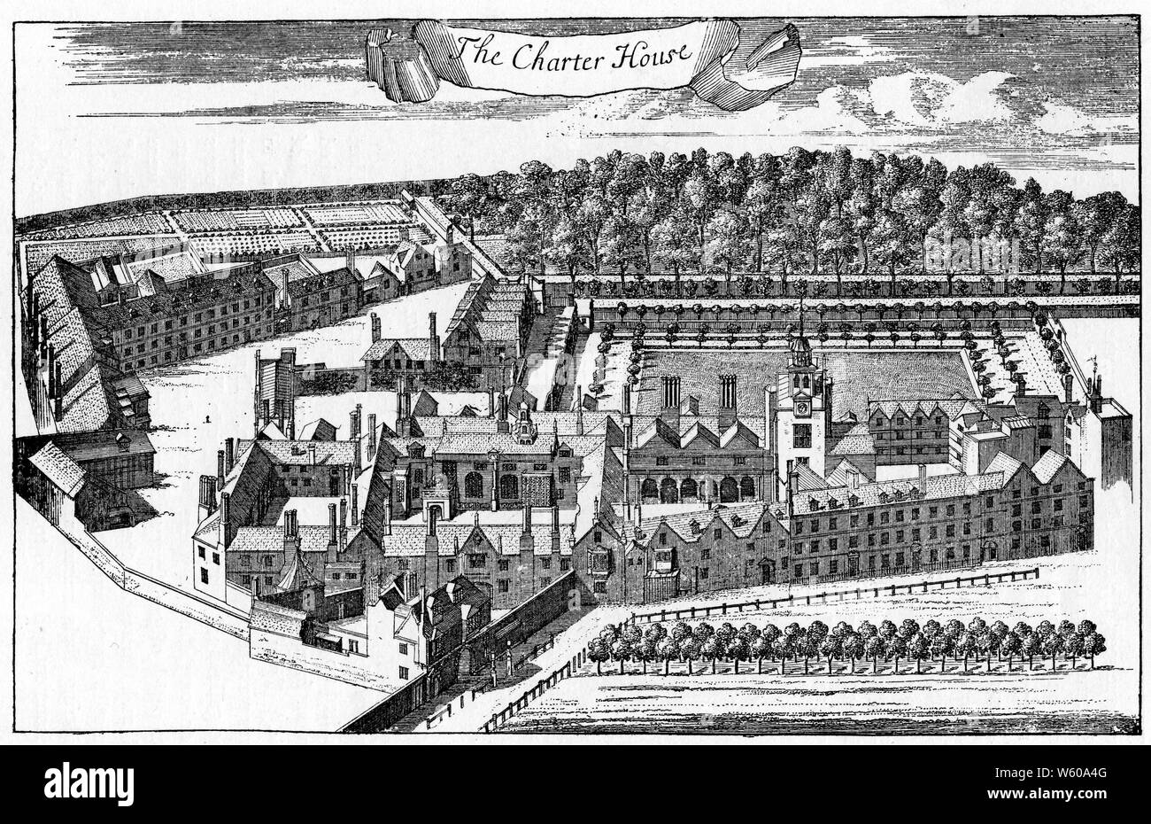 The Charterhouse, London, 1739. Nach William Henry Toms (c1700-1765). Die Londoner Kartause ist ein Gebäudekomplex in Smithfield, London, der aus dem 14. Jahrhundert stammt. Er nimmt Land im Norden des Charterhouse Square ein und liegt innerhalb des Borough of Islington. Stockfoto