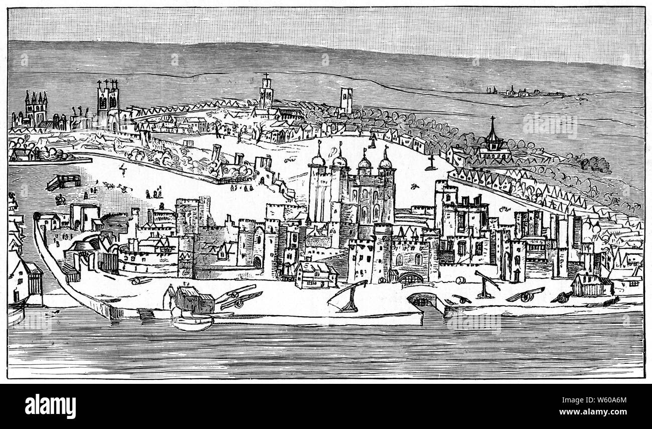 Blick auf London - The Tower of London, c1554. Von Anton van den Wyngaerde (1525-1571). Der Tower of London, offiziell her Majesty's Royal Palace and Fortress of the Tower of London, wurde gegen Ende 1066 als Teil der normannischen Eroberung Englands gegründet. Stockfoto