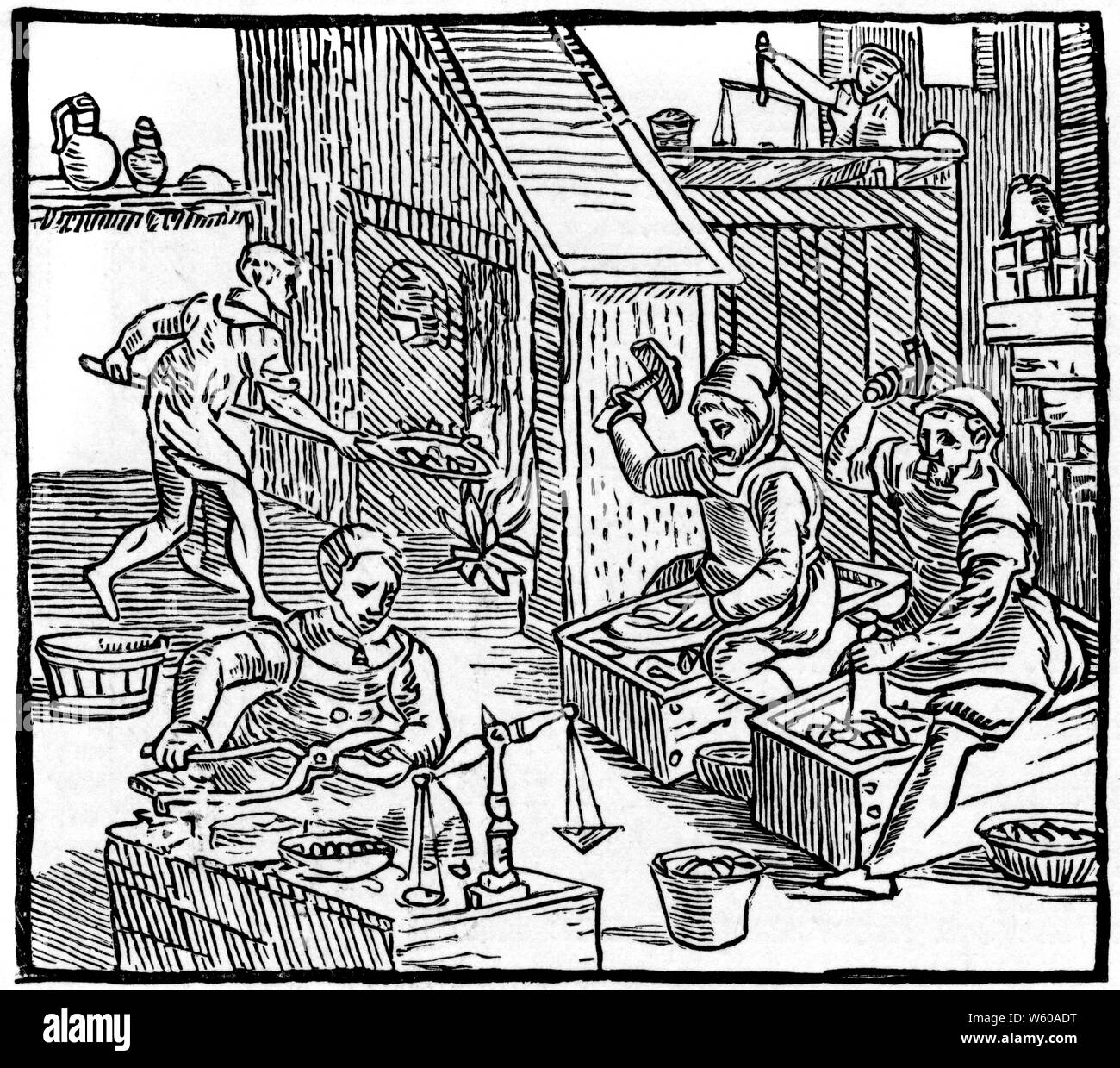 Coiners at Work, 1577. Münzen machen, 16. Jahrhundert. Aus Holinshalls Geschichte, 1577. Stockfoto