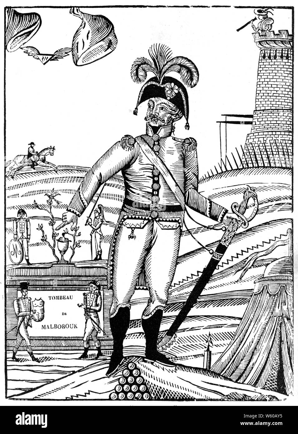 John Churchill, 1. Duke of Marlborough (Malborouk), 19. Jahrhundert. Illustration von einer französischen Breitseite zum Lied 'Marlbrough s'en va-t-en guerre' (Marlborough hat sich für den Krieg aufgemacht). Die burleske Klage über den Tod von John Churchill, 1. Herzog von Marlborough (1650-1722) wurde auf ein falsches Gerücht über dieses Ereignis nach der Schlacht von Malplaquet im Jahr 1709 geschrieben, die blutigste Schlacht des Krieges der spanischen Erbfolge. Stockfoto