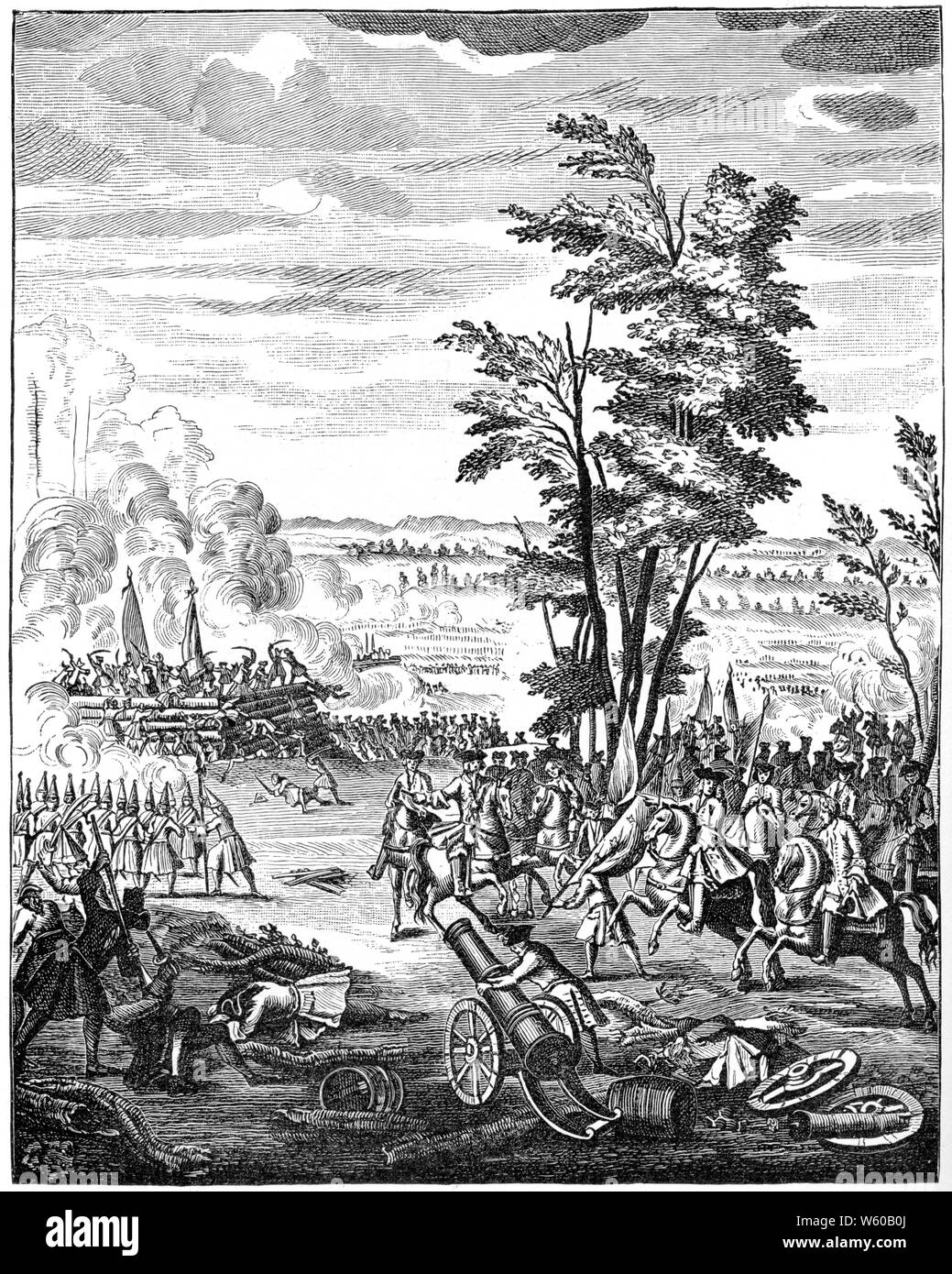 Schlacht von Malplaquet, 1709. Aus der 'Geschichte der Königin Anne', um 1740. Die Schlacht von Malplaquet wurde am 11. September 1709 in der Nähe der Grenze Frankreichs zwischen den Truppen von Ludwig XVI. Von Frankreich, befehligt von Marschall Villars, und der niederländisch-britischen Armee unter Führung des Herzog von Marlborough geschlagen. Stockfoto
